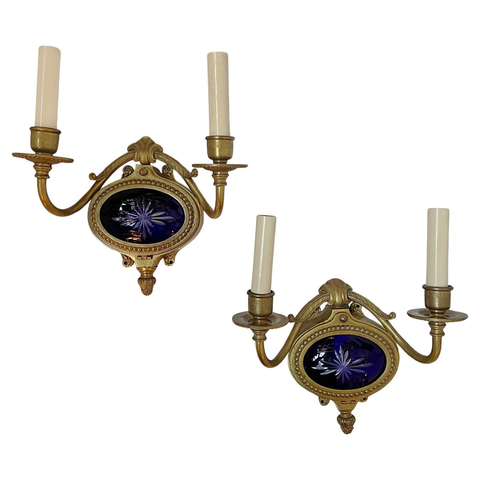 Paire d'appliques en verre bleu cobalt