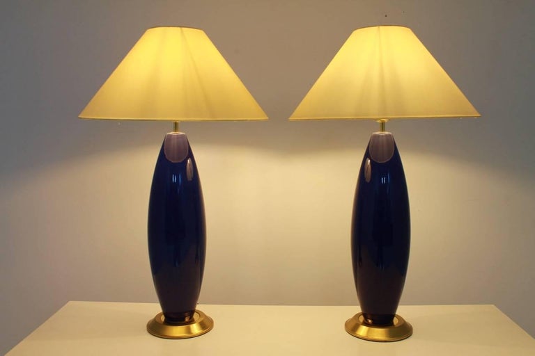 Pair of Cobalt Blue Glass Table Lamps with Brass, 1970s For Sale at 1stDibs
