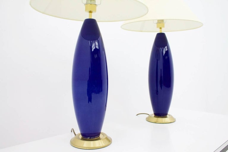 European Pair of Cobalt Blue Glass Table Lamps with Brass, 1970s For Sale