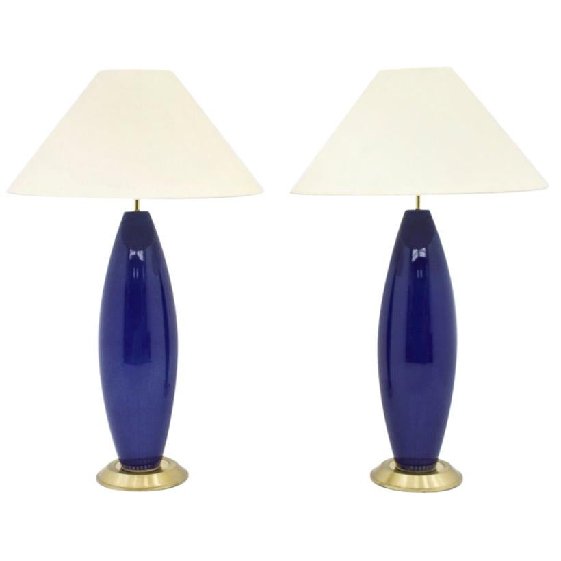 Pair of Cobalt Blue Glass Table Lamps with Brass, 1970s