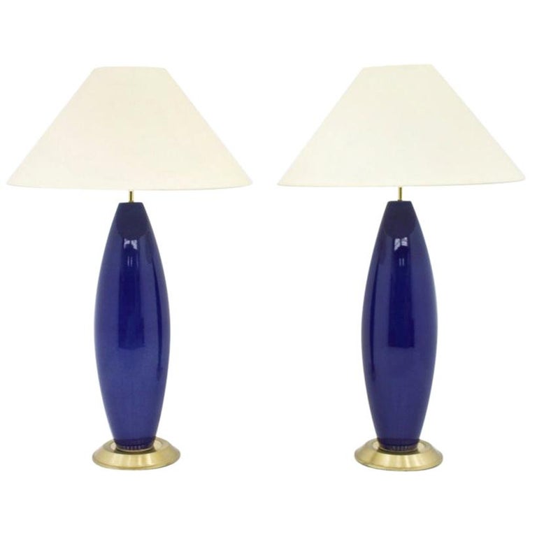 Pair of Cobalt Blue Glass Table Lamps with Brass, 1970s For Sale