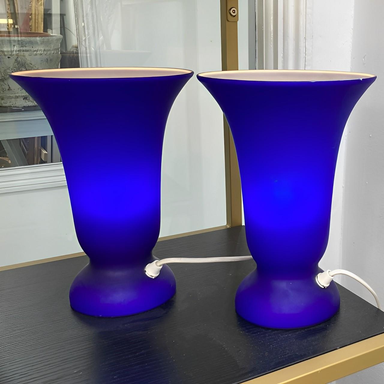 Pair of Cobalt Blue Glass Table Lamps with White Interior, circa 1970s For Sale 2