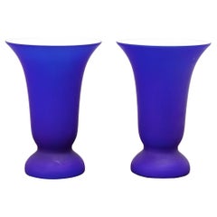 Retro Pair of Cobalt Blue Glass Table Lamps with White Interior, circa 1970s