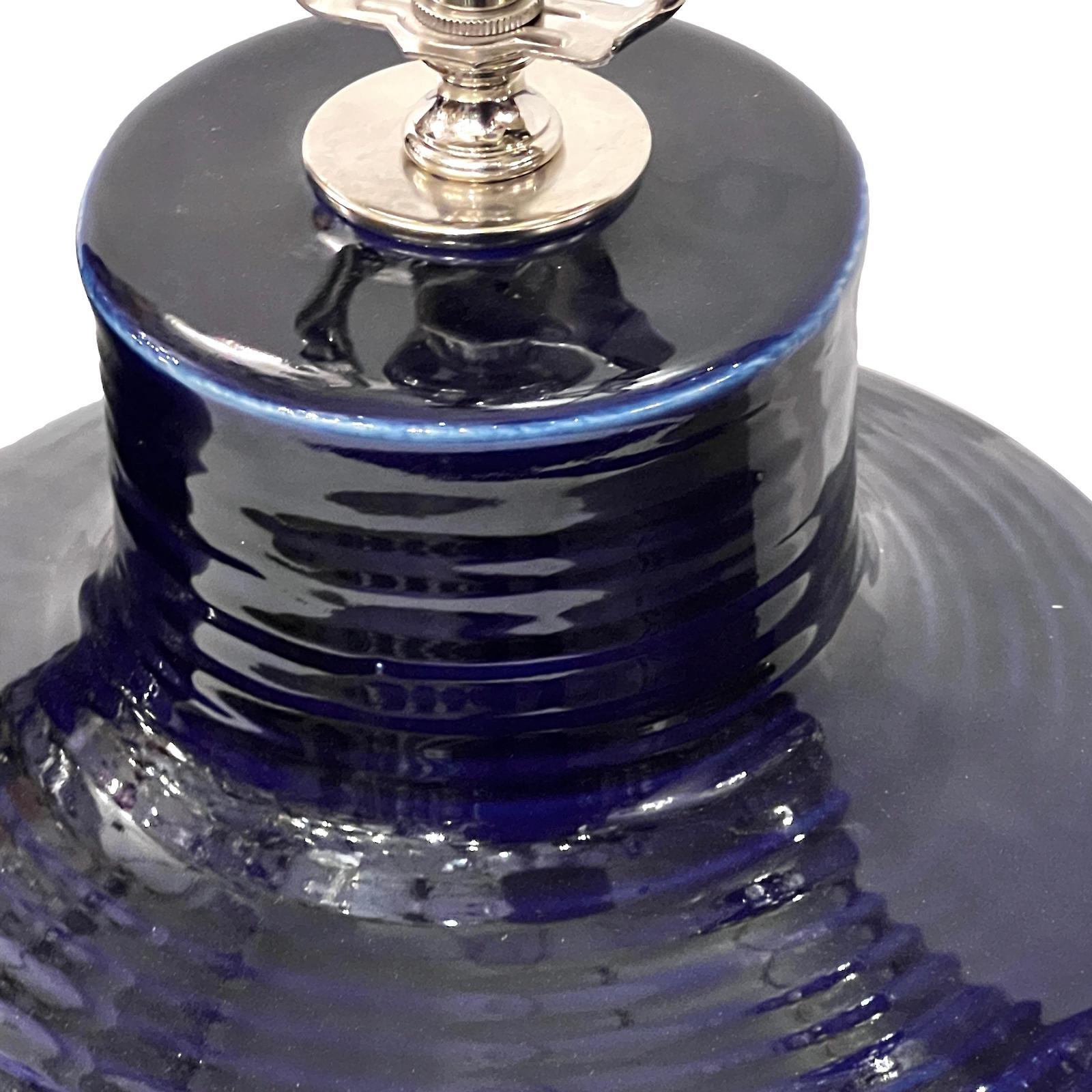 Glazed Pair of Cobalt Blue Lamps For Sale