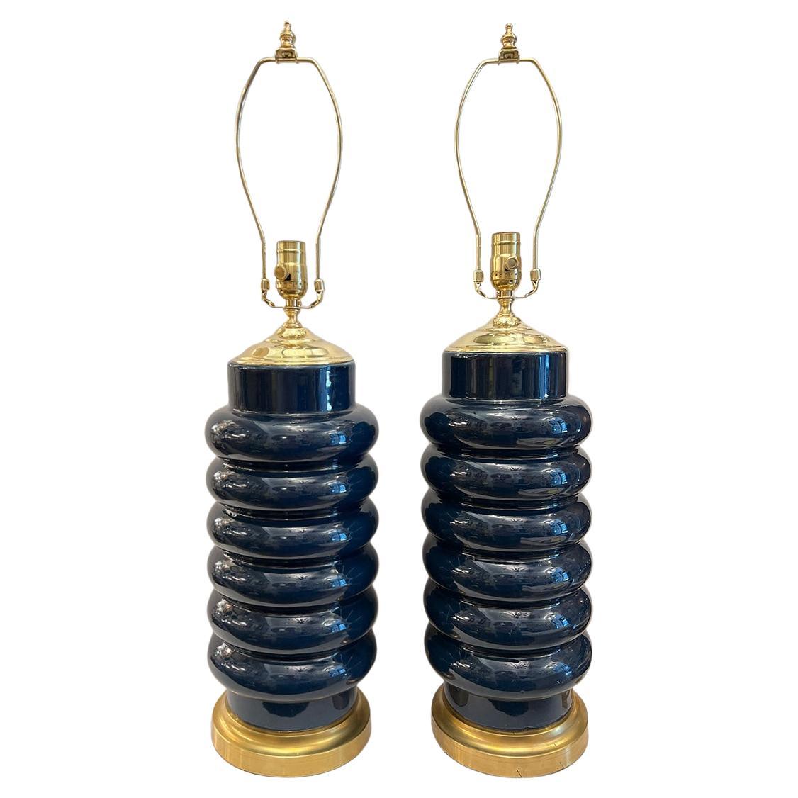 Paire de lampes bleu cobalt en vente