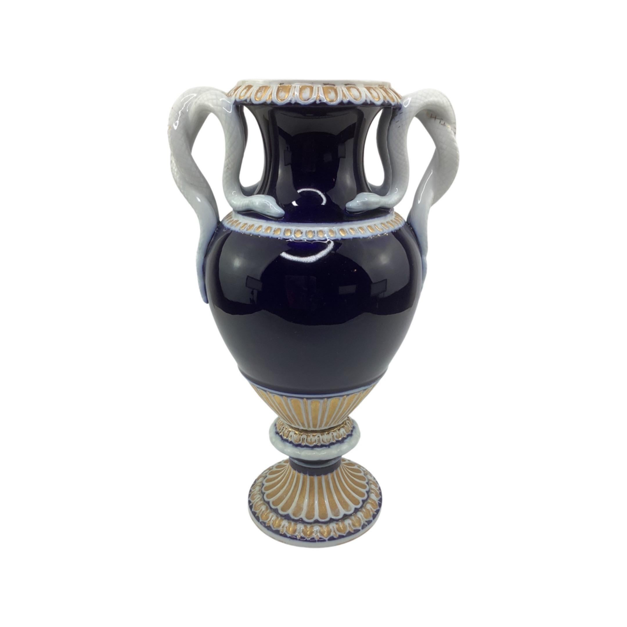 Neoclassical Pair of Cobalt Blue Meissen Serpent Porcelain Vases, 19th Century, Germany 
