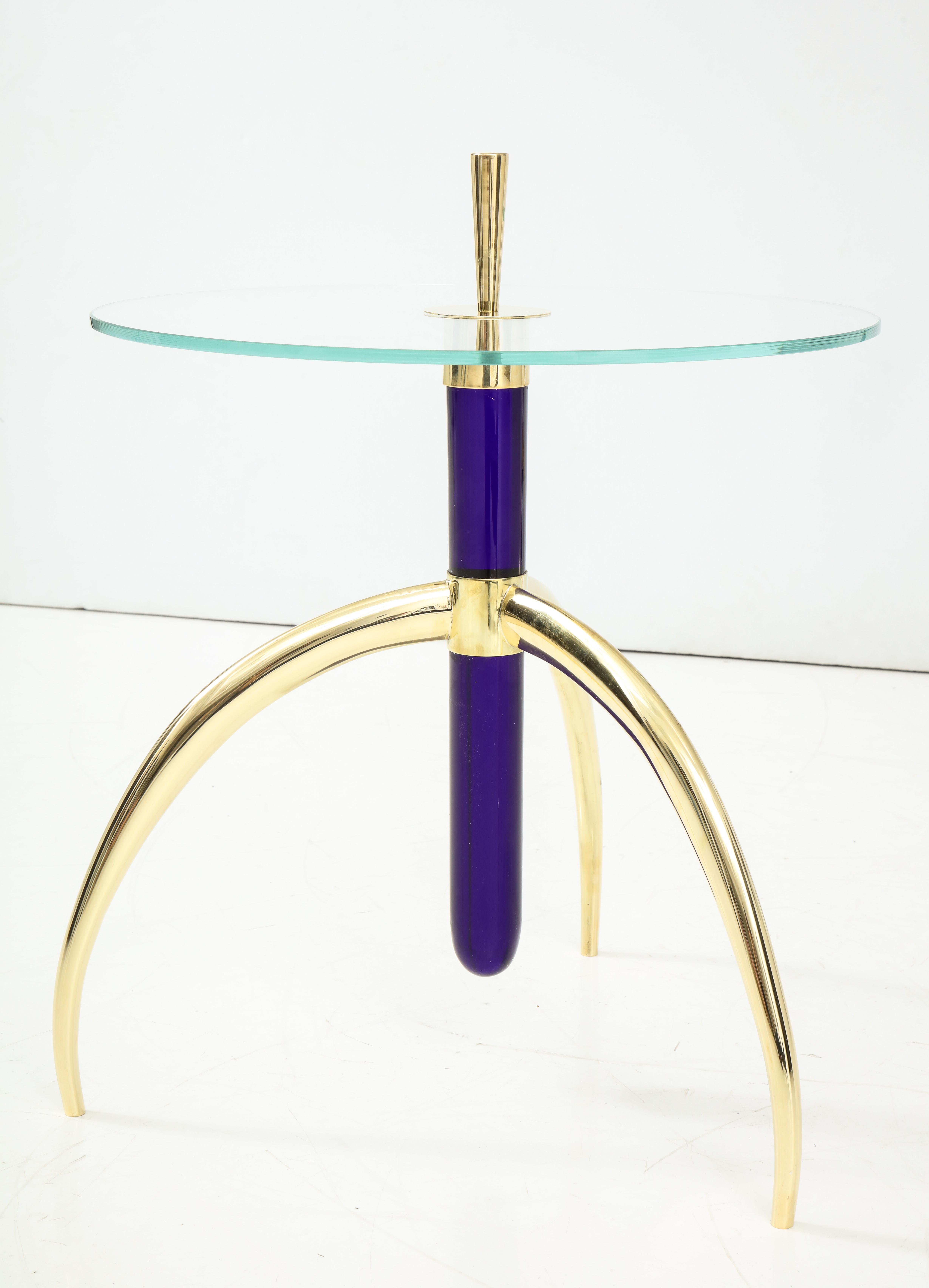 Mid-Century Modern Pair of Cobalt Blue Murano Glass and Brass Circular Tripod End or Side Tables