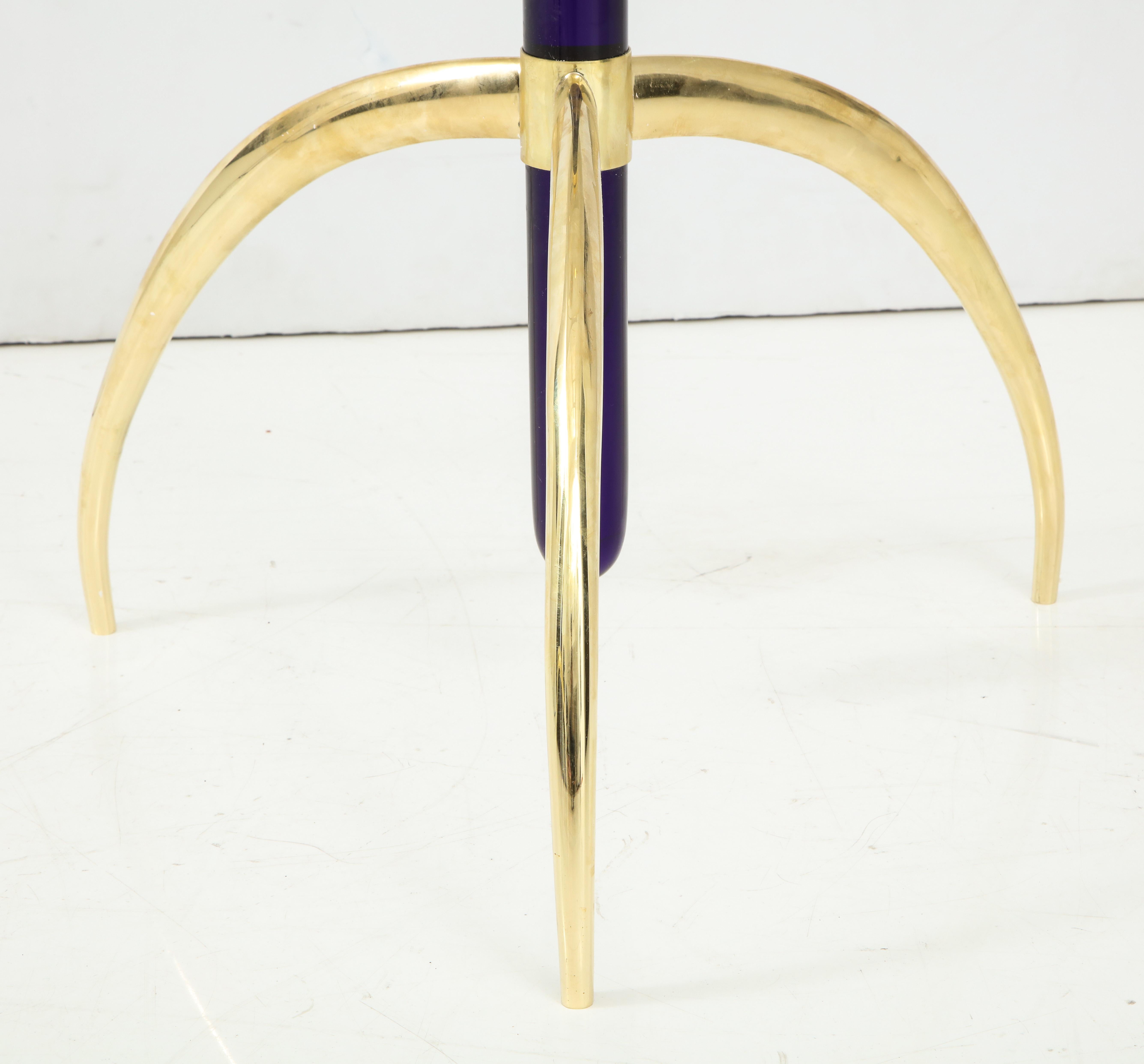 Contemporary Pair of Cobalt Blue Murano Glass and Brass Circular Tripod End or Side Tables