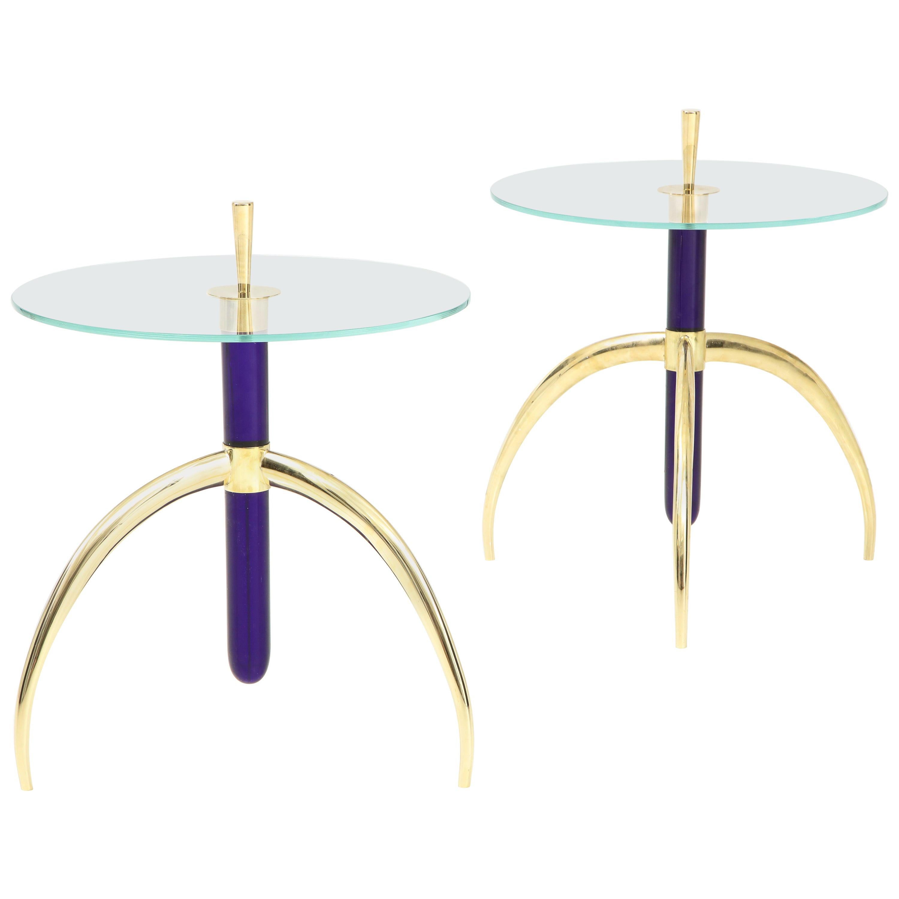 Pair of Cobalt Blue Murano Glass and Brass Circular Tripod End or Side Tables