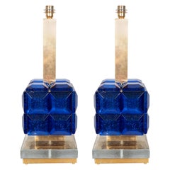 Pair of Cobalt Blue Murano Glass and Brass Geometric Square Lamps, Italy, 2019