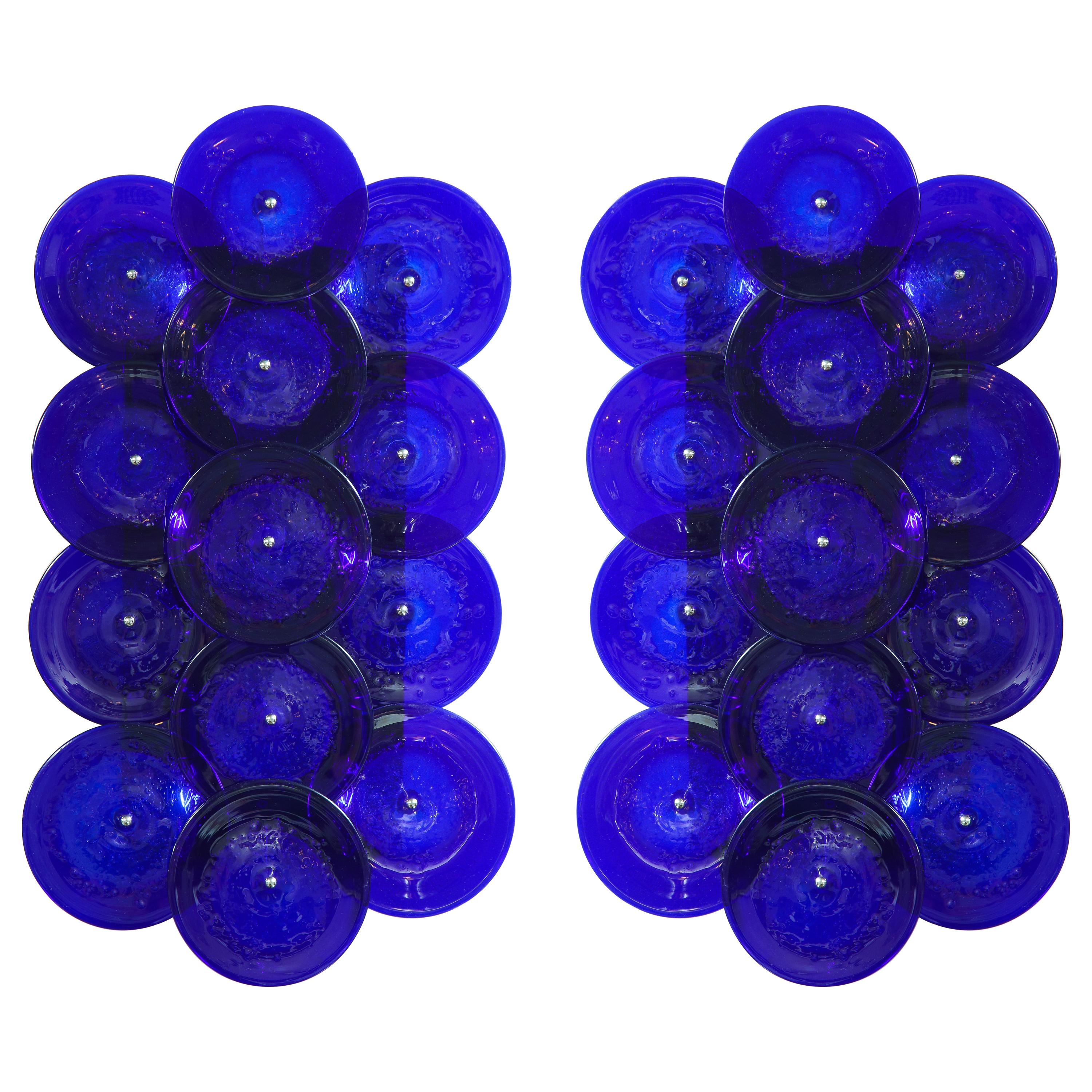 Pair of Cobalt Blue Murano Glass Disc Sconces
