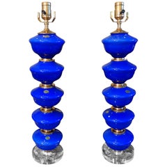 Pair of Cobalt Blue Murano Glass Lamps by Balboa