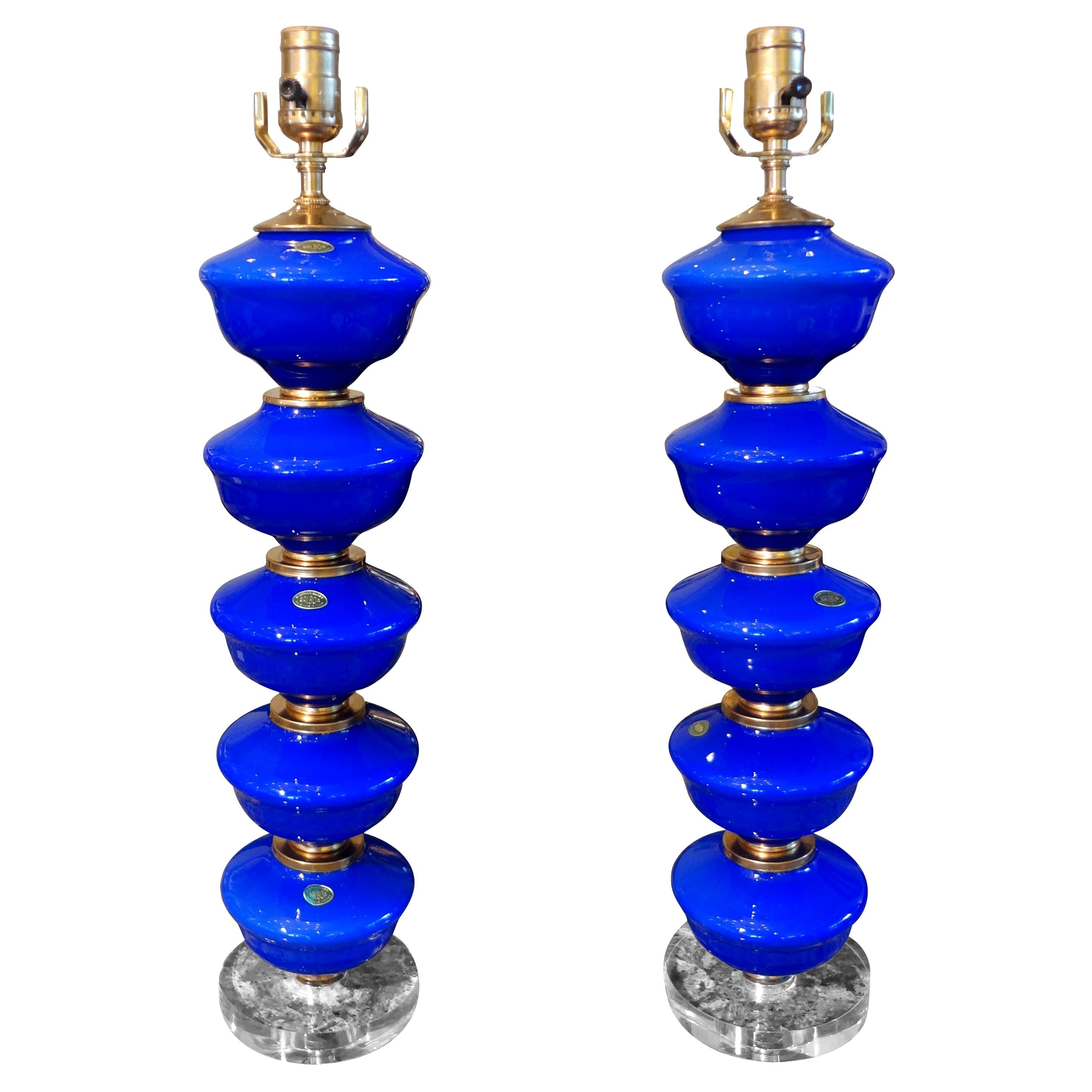 Pair of Cobalt Blue Murano Glass Lamps by Balboa