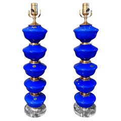Pair of Cobalt Blue Murano Glass Lamps by Balboa