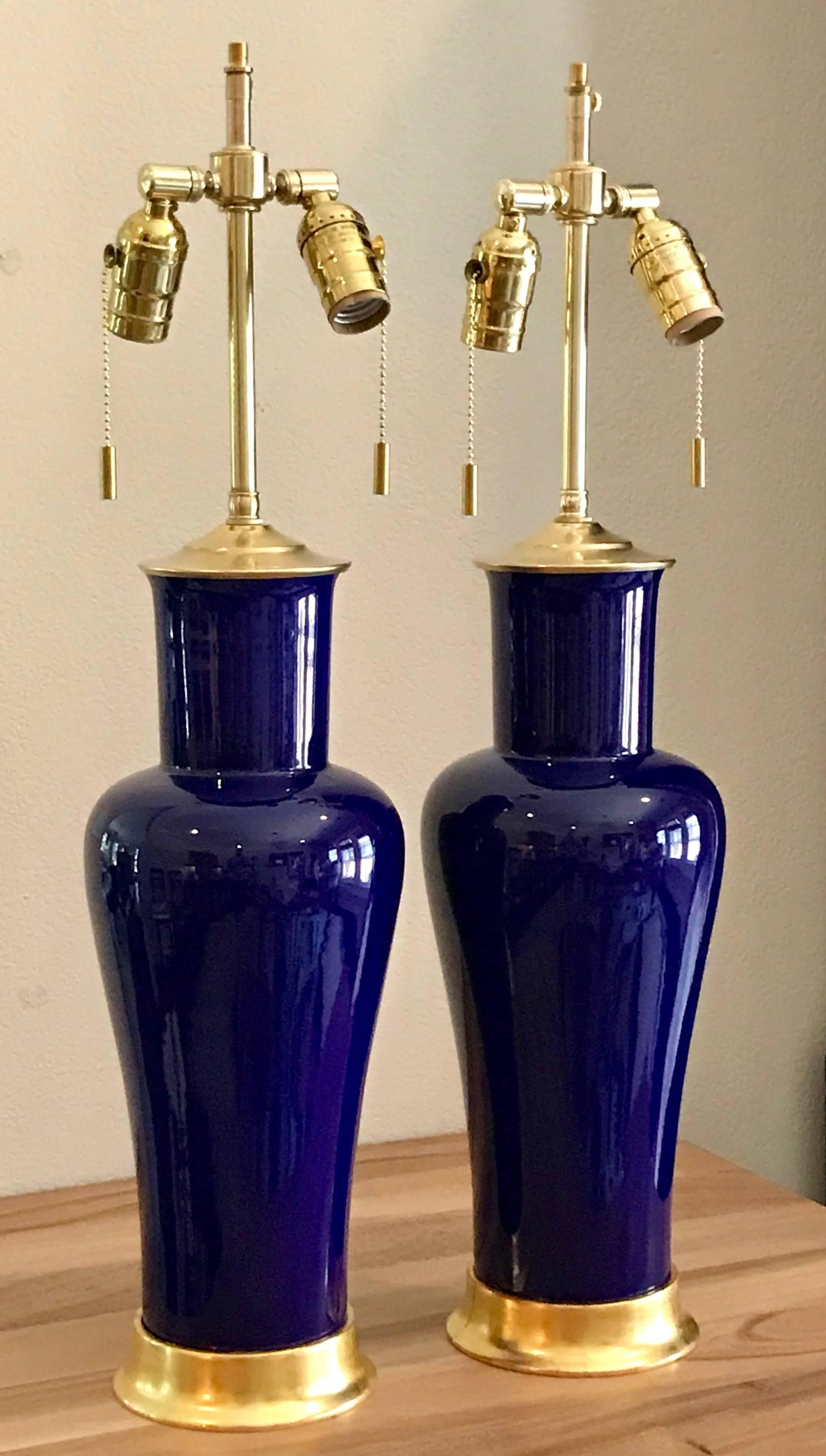 American Pair of Cobalt Blue Porcelain Lamps on 23-Karat Water Giltwood Bases