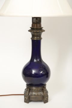 Pair of Cobalt Blue Porcelain Oil Lamps