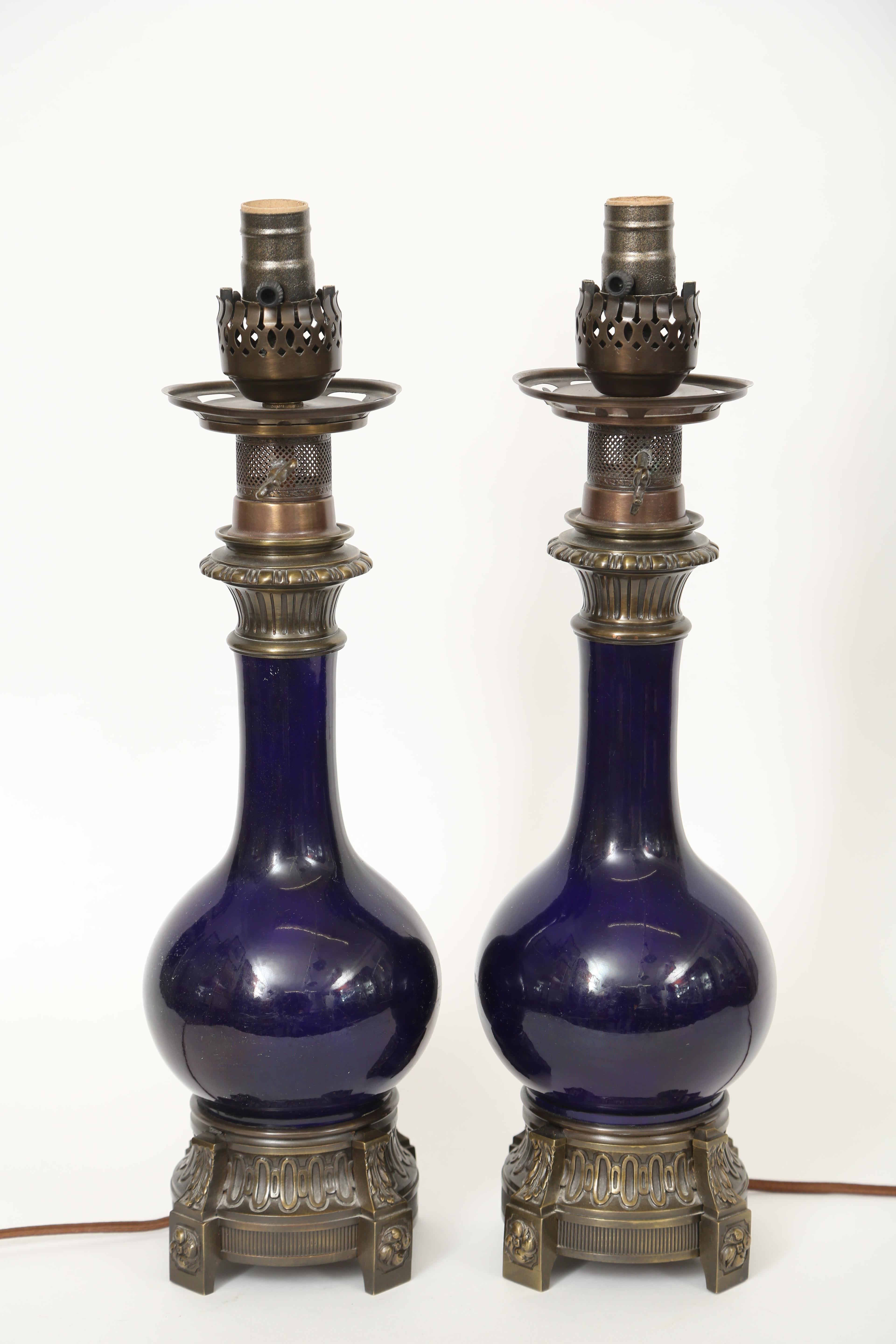 French Pair of Cobalt Blue Porcelain Oil Lamps