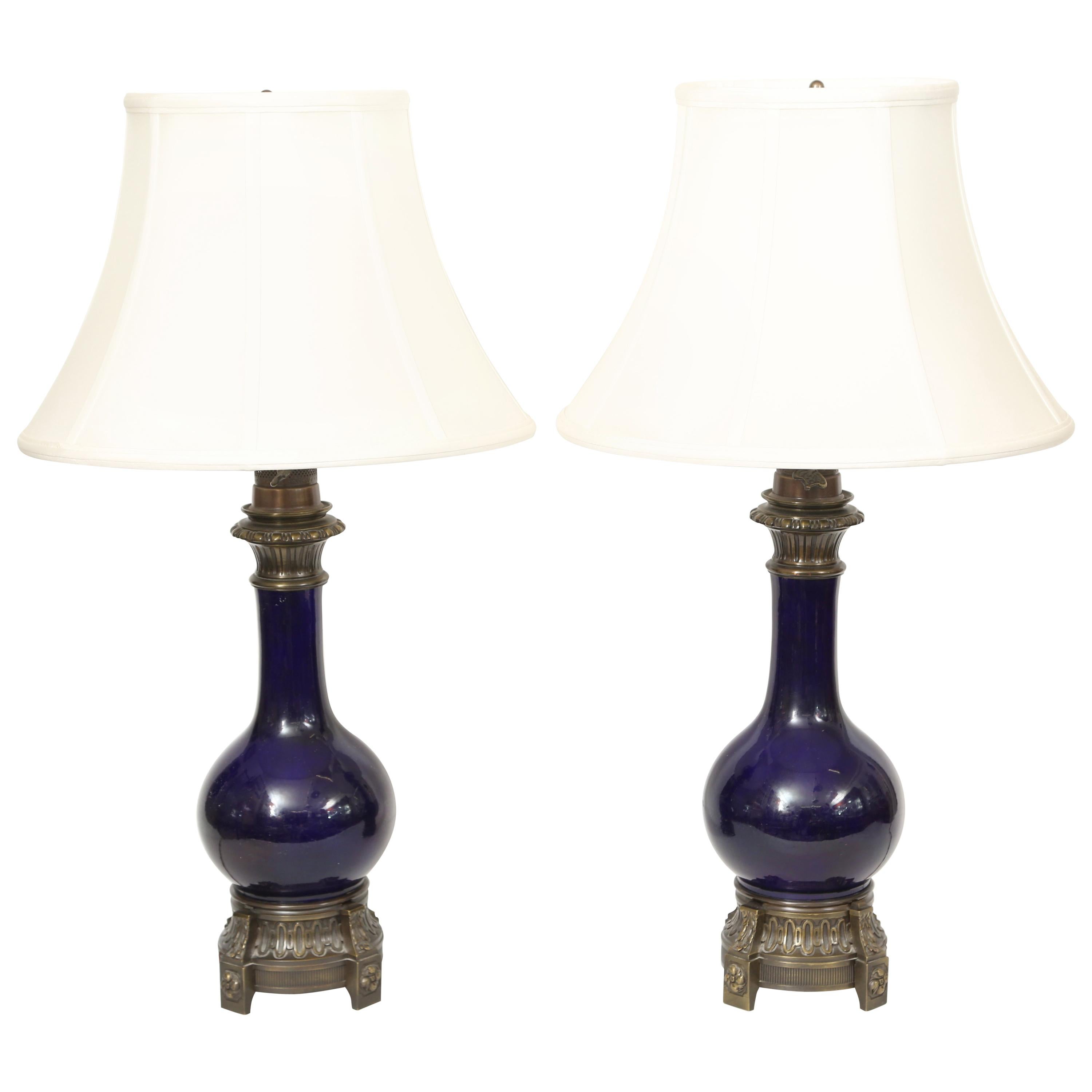 Pair of Cobalt Blue Porcelain Oil Lamps