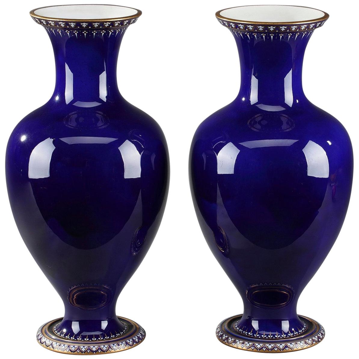 Monumental Cobalt Blue Sèvres Porcelain Vase on Ormolu Stand For Sale
