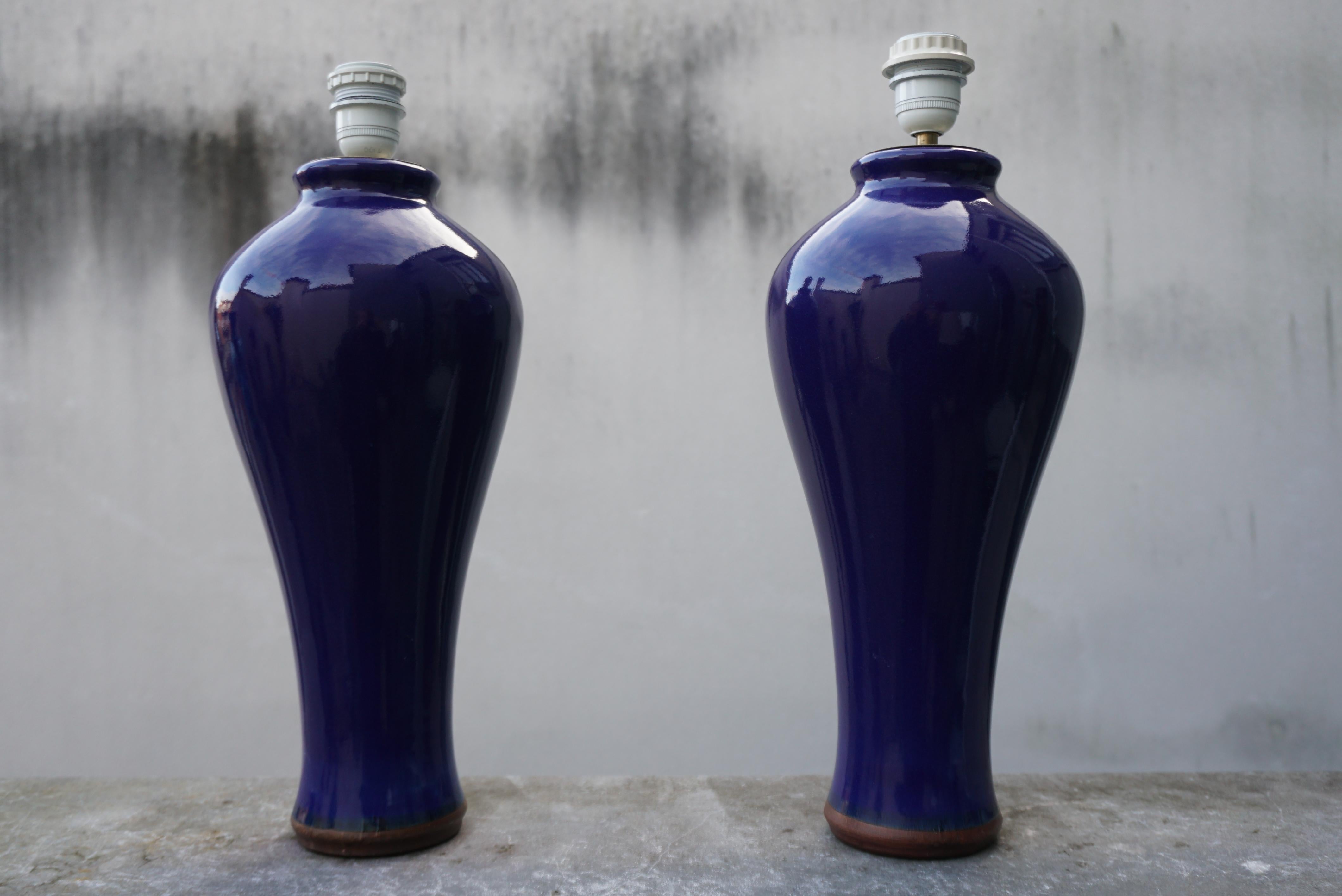 Mid-Century Modern Pair of Cobalt Blue Vases, Wired into Lamps For Sale