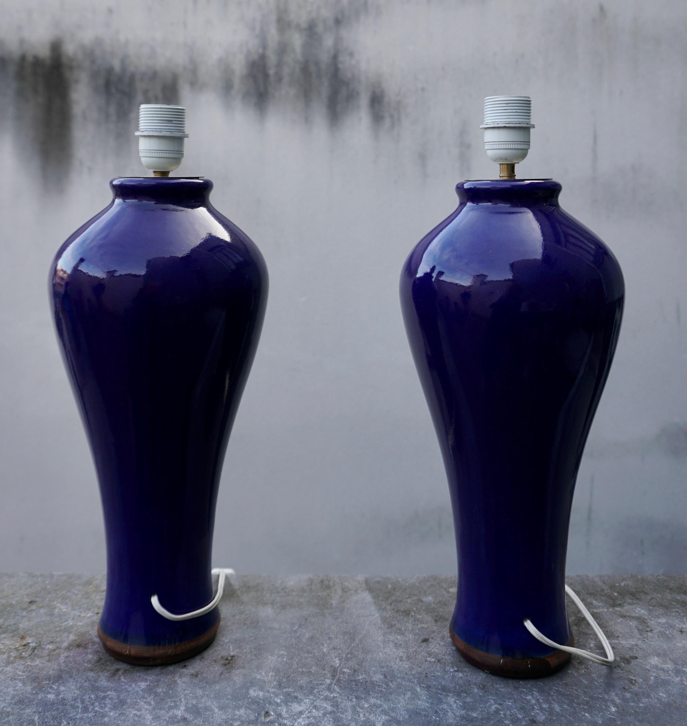 Glazed Pair of Cobalt Blue Vases, Wired into Lamps For Sale