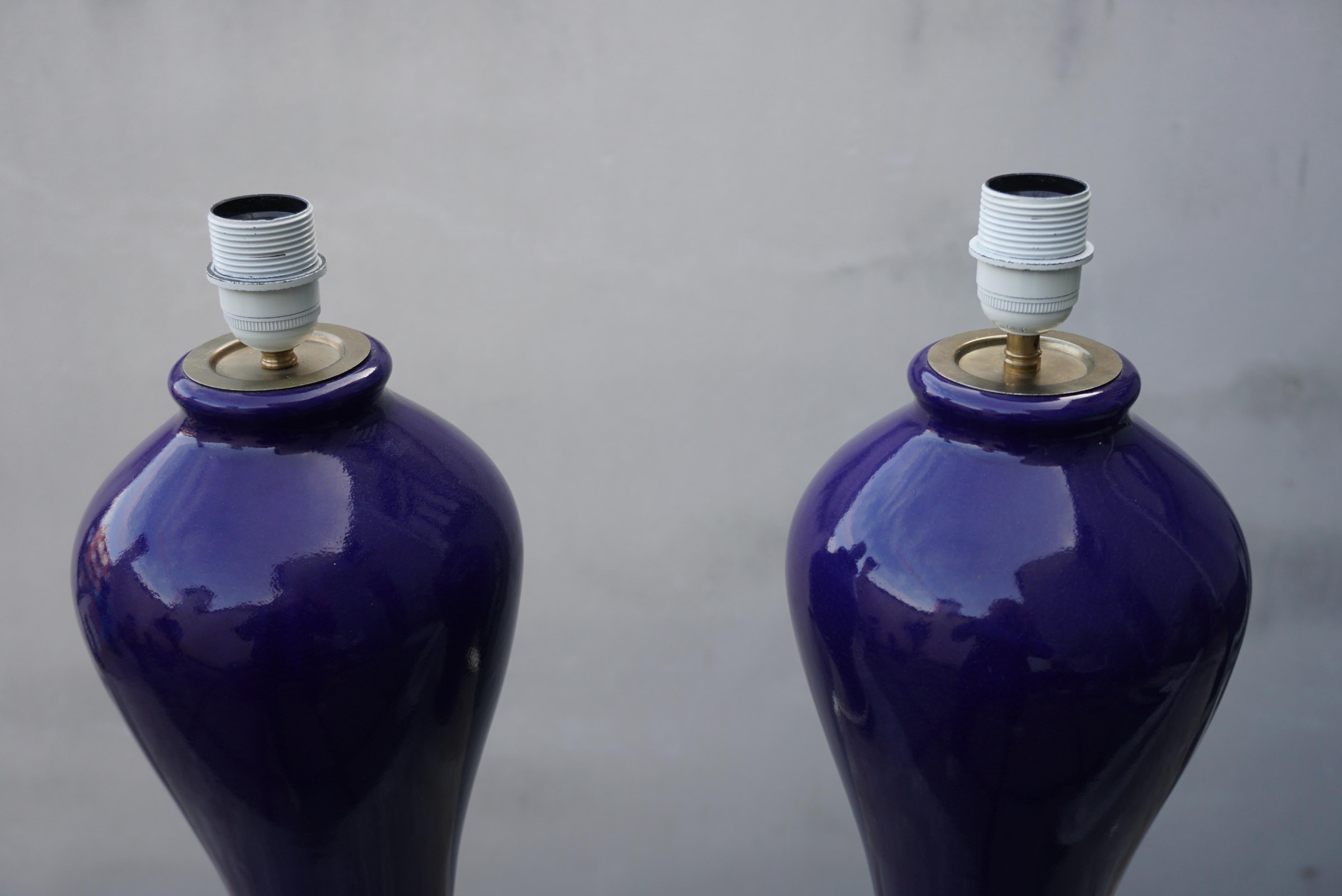 20th Century Pair of Cobalt Blue Vases, Wired into Lamps For Sale