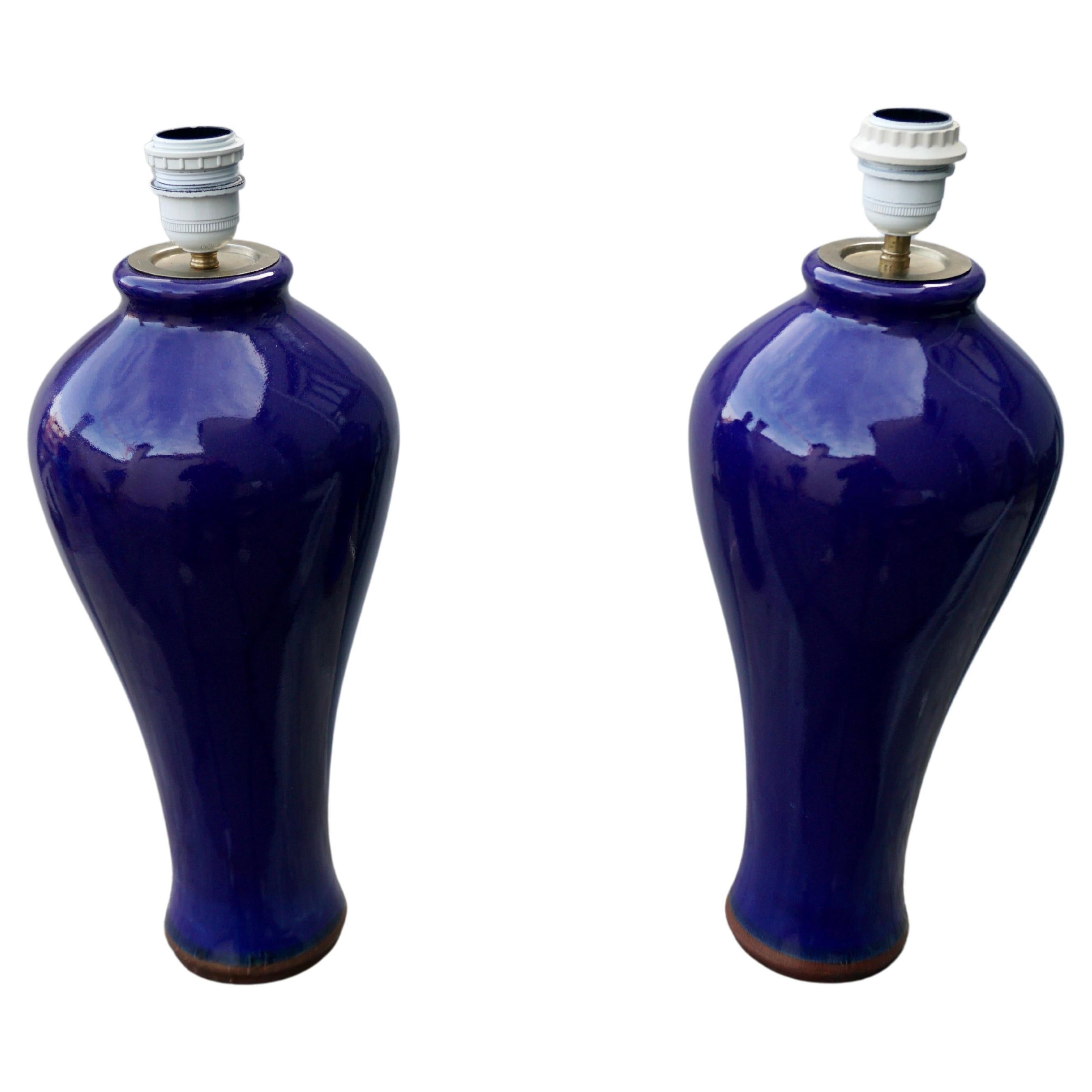 Pair of Cobalt Blue Vases, Wired into Lamps For Sale