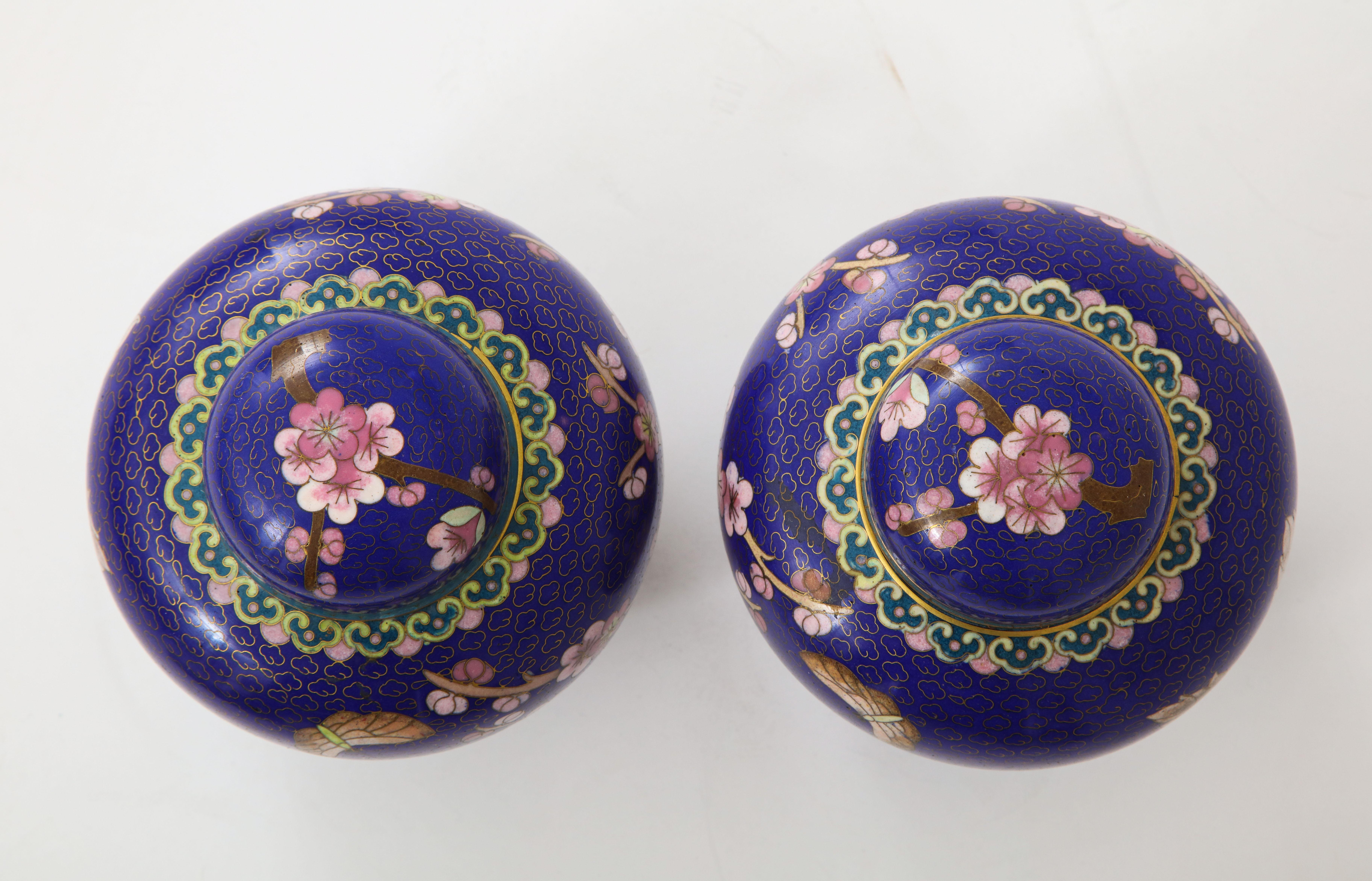 Metal Pair of Cobalt Cloisonné Ginger Jars
