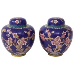 Vintage Pair of Cobalt Cloisonné Ginger Jars