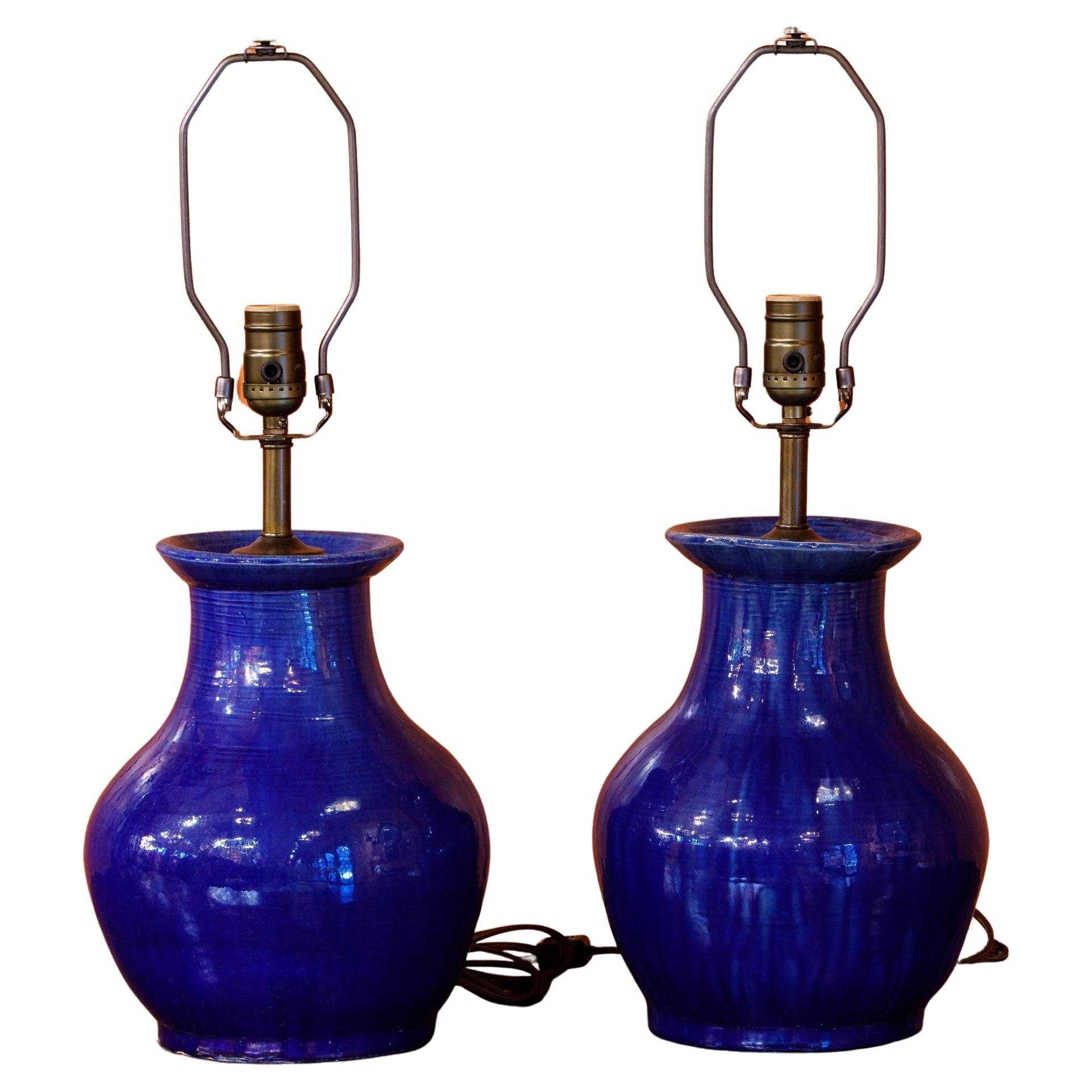 Pair of Cobalt Hand-Thrown Glazed Stoneware Table Lamps