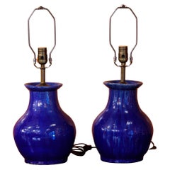 Pair of Cobalt Hand-Thrown Glazed Stoneware Table Lamps