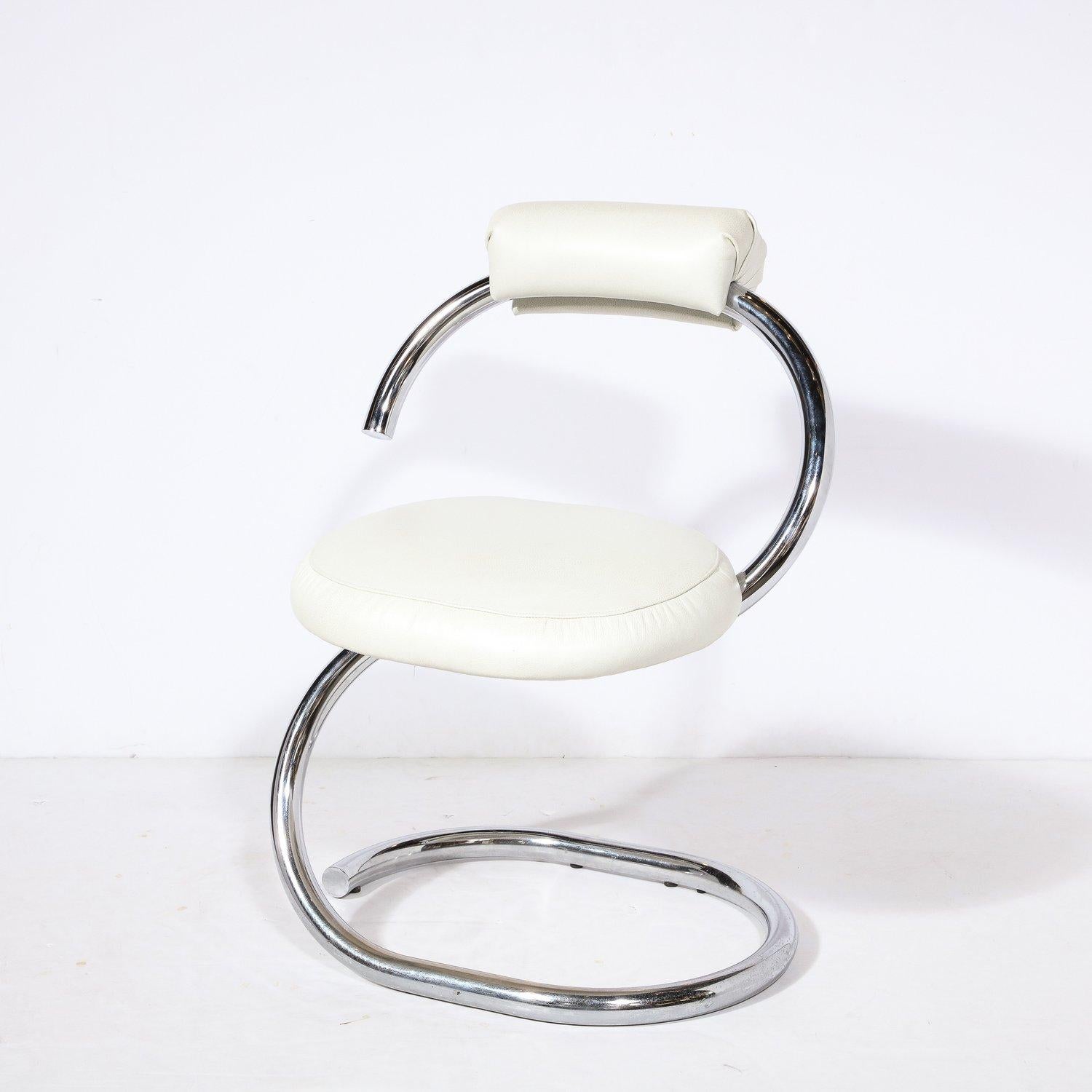 Italian Pair of Cobra Chairs in Curved Chrome & White Leather by Giotto Stoppino
