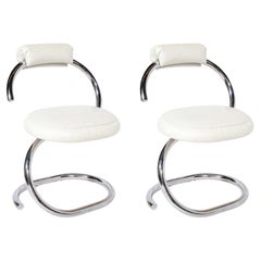 Pair of Cobra Chairs in Curved Chrome & White Leather by Giotto Stoppino