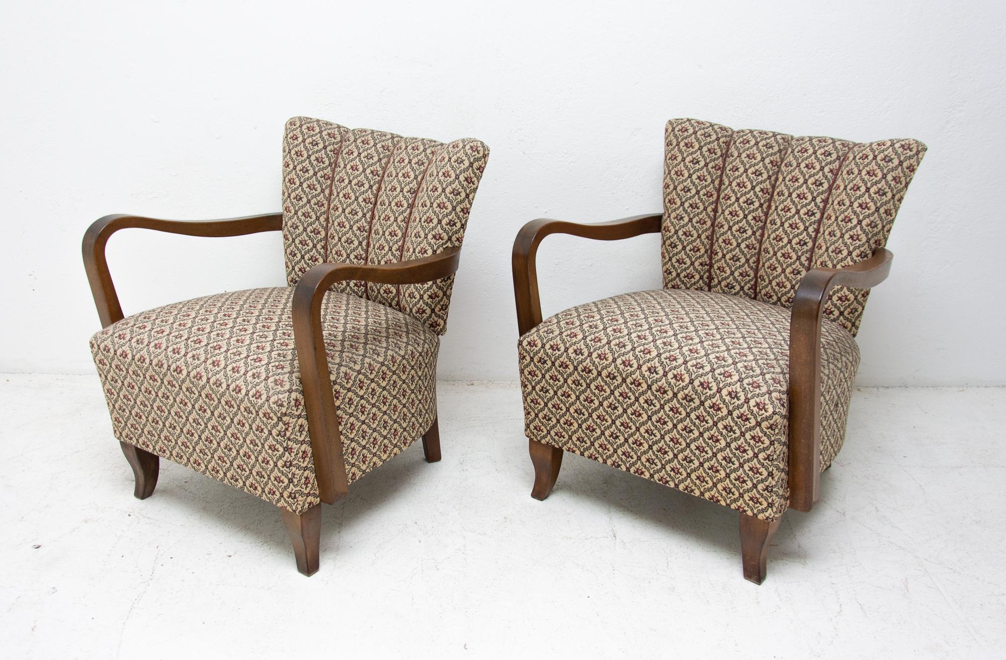 Fabric Pair of Cocktail Armchairs by Jindrich Halabala, Czechoslovakia, 1950s