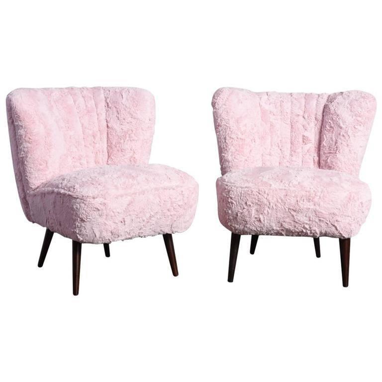 Pair of Cocktail Chairs Pink Faux Fur For Sale