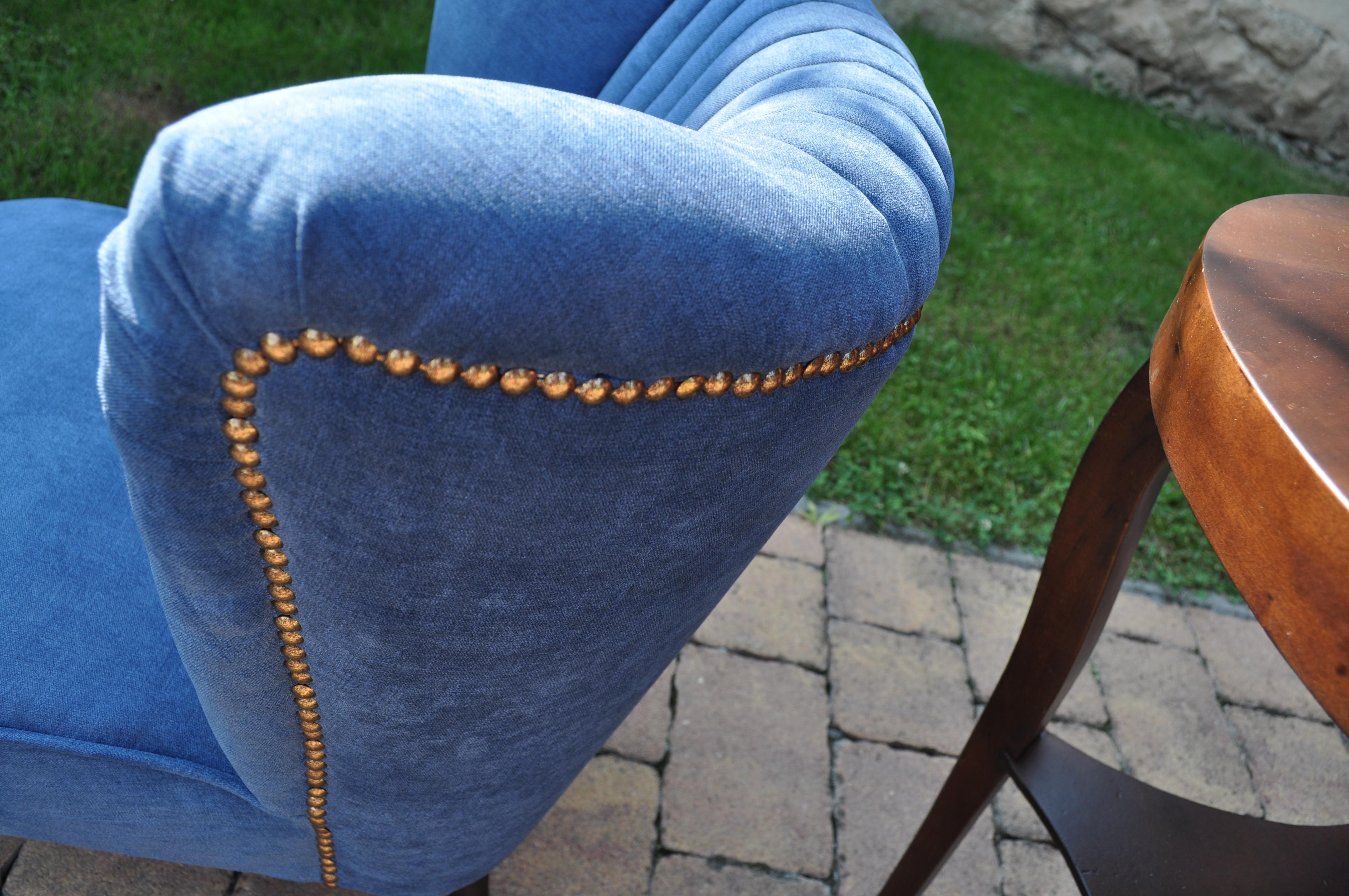 Stained Pair of Cocktail Chairs with Blue Fabric For Sale