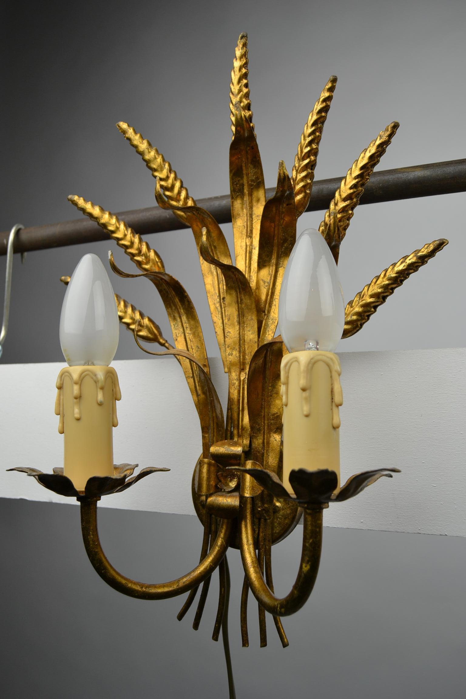 Pair of Coco Chanel Style Florentine Wall Lights with gold finish, 1970s 1