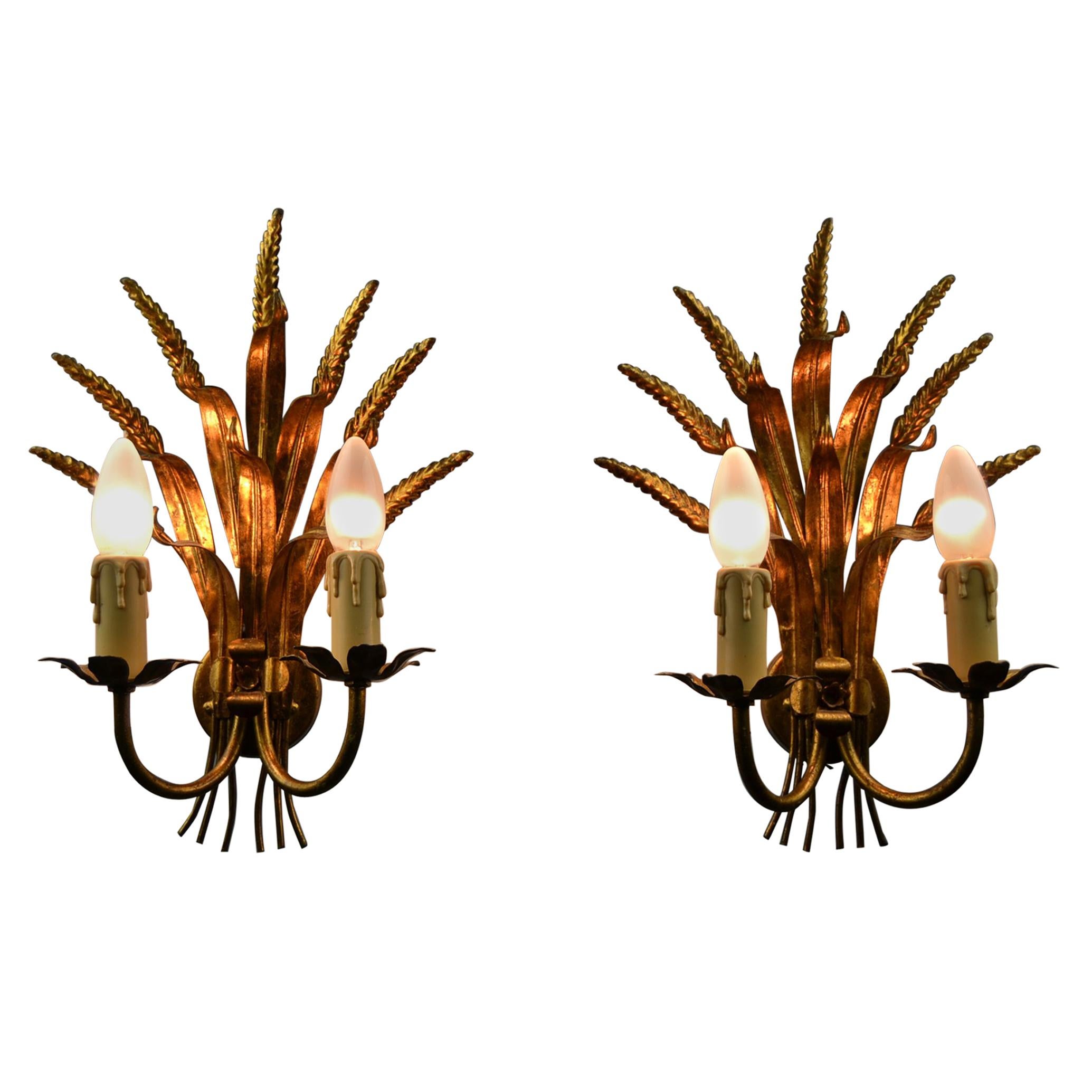 Pair of Coco Chanel Style Florentine Wall Lights with gold finish, 1970s