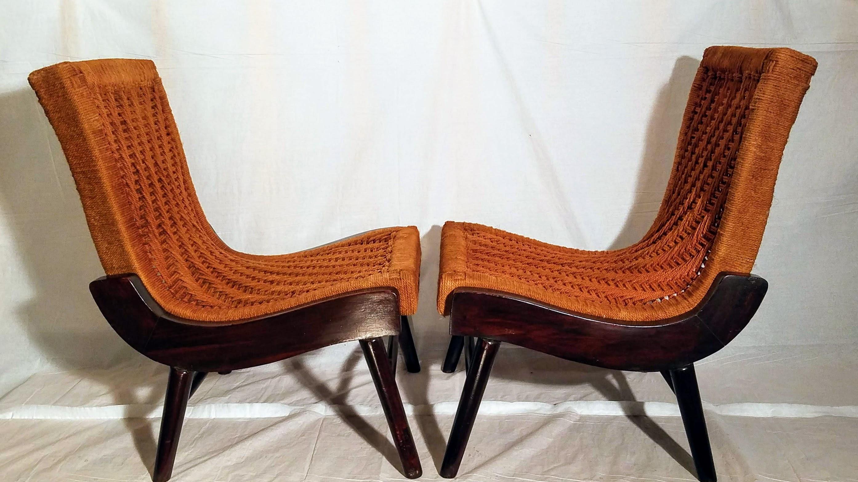 Pair of Cocobolo Rosewood and Hemp Cord 1940s Lounge Chairs Rare For Sale 1