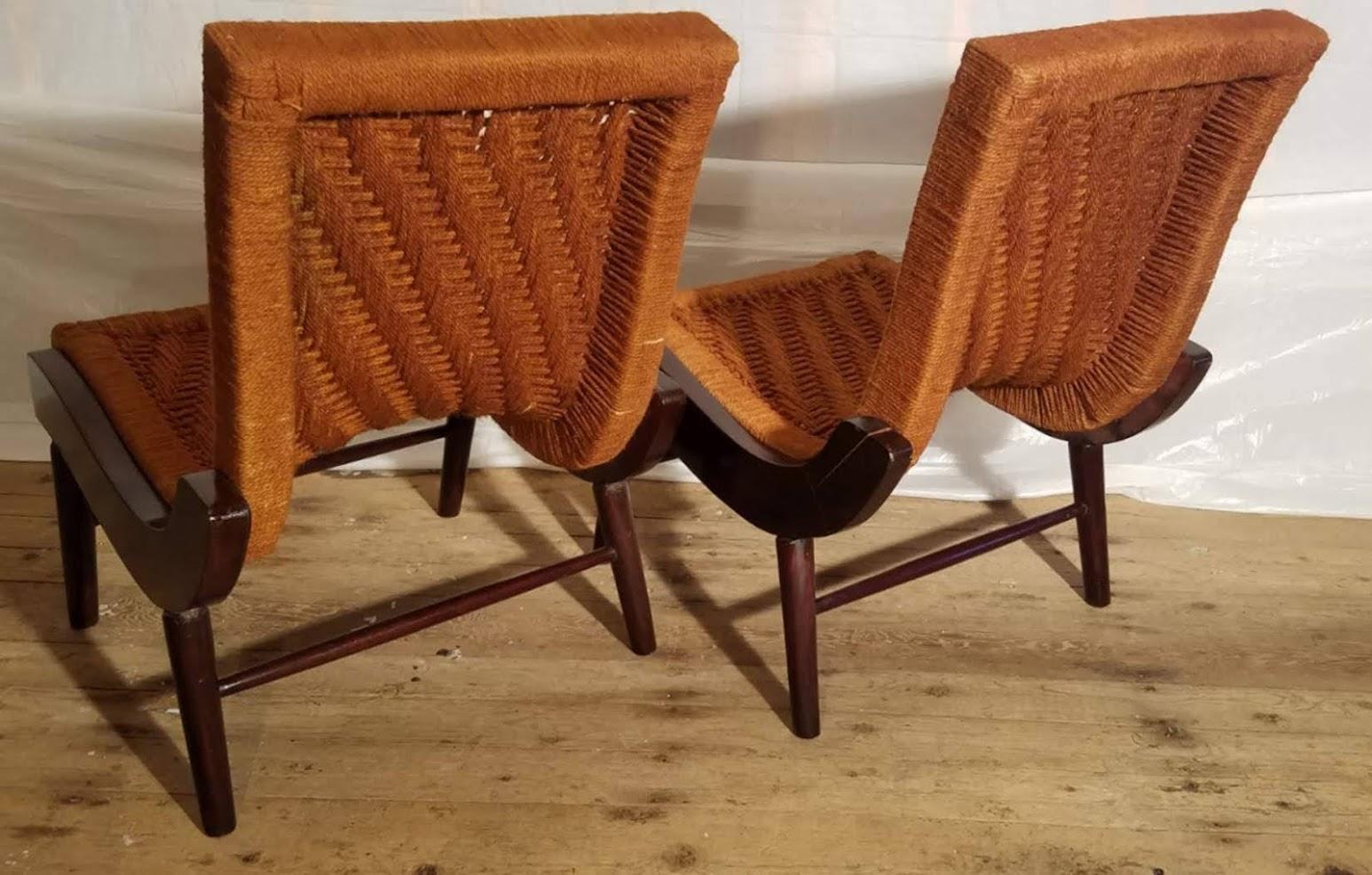 Carved Pair of Cocobolo Rosewood and Hemp Cord 1940s Lounge Chairs Rare For Sale