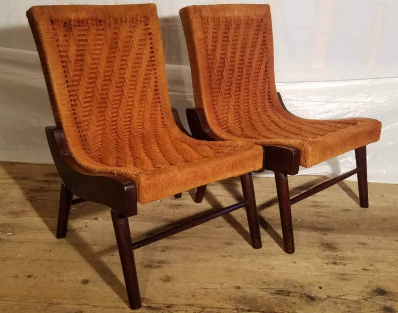 Venezuelan Pair of Cocobolo Rosewood and Hemp Cord 1940s Lounge Chairs Rare For Sale