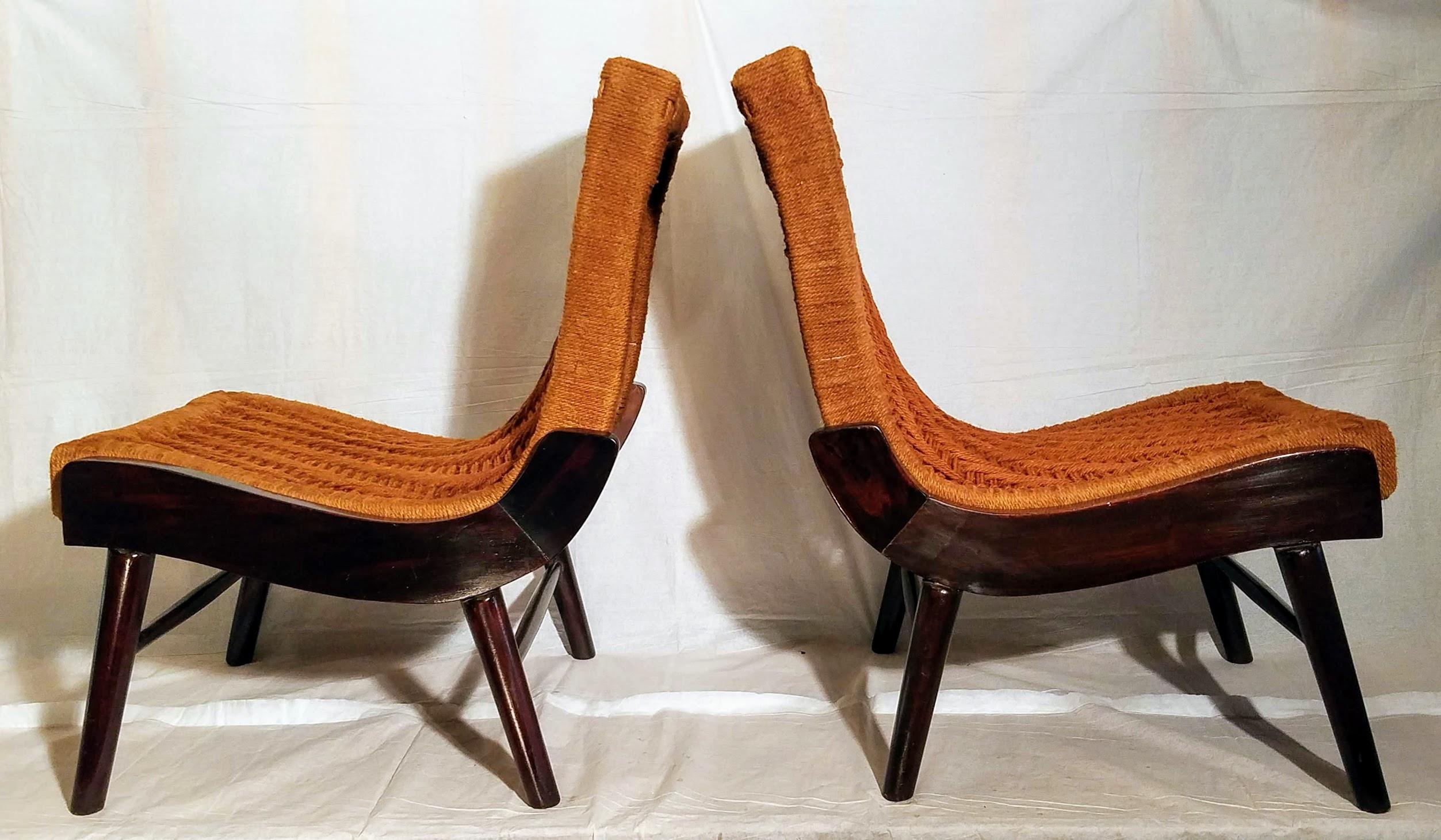 Mid-Century Modern Pair of Cocobolo Rosewood and Hemp Cord 1940s Lounge Chairs Rare For Sale