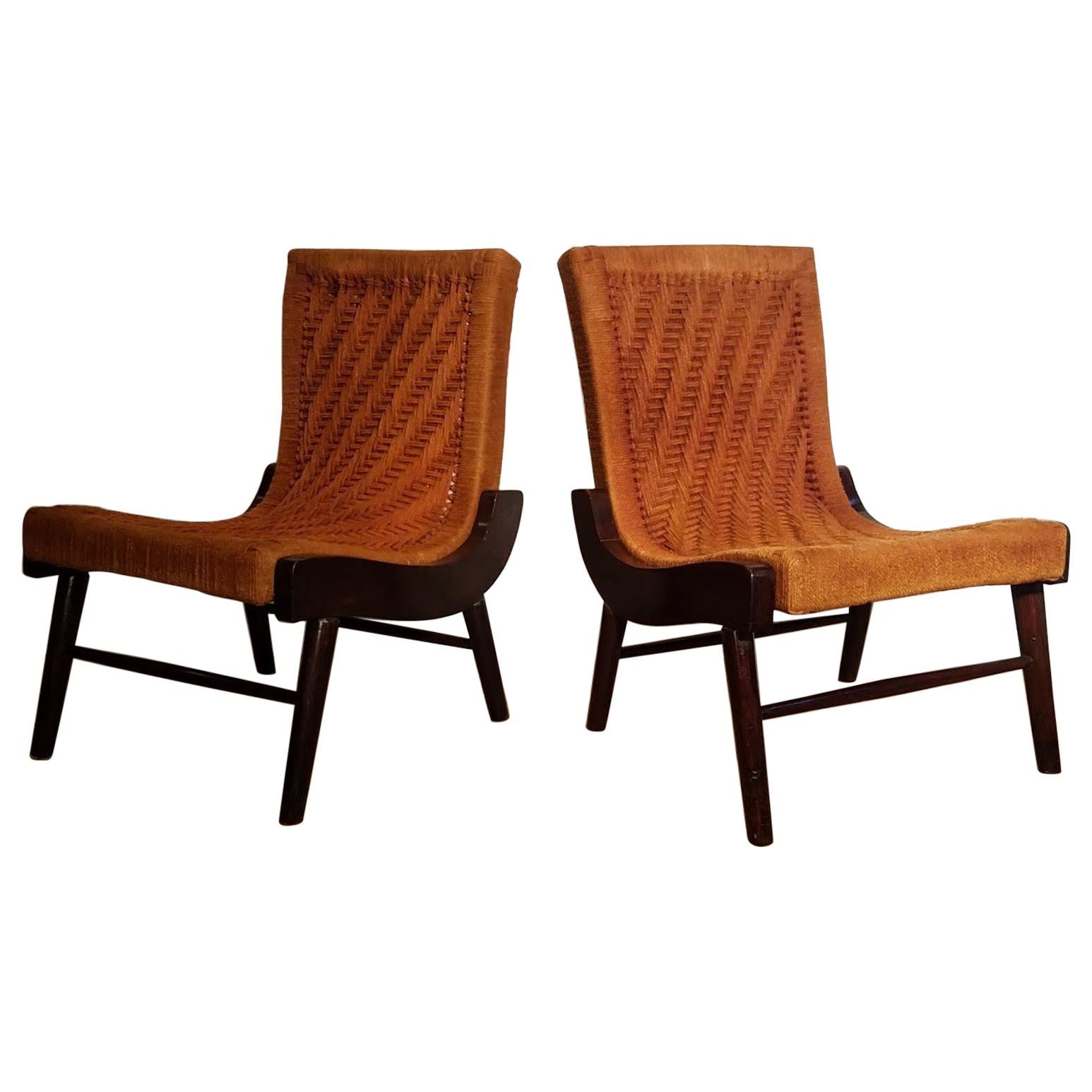 Pair of Cocobolo Rosewood and Hemp Cord 1940s Lounge Chairs Rare For Sale