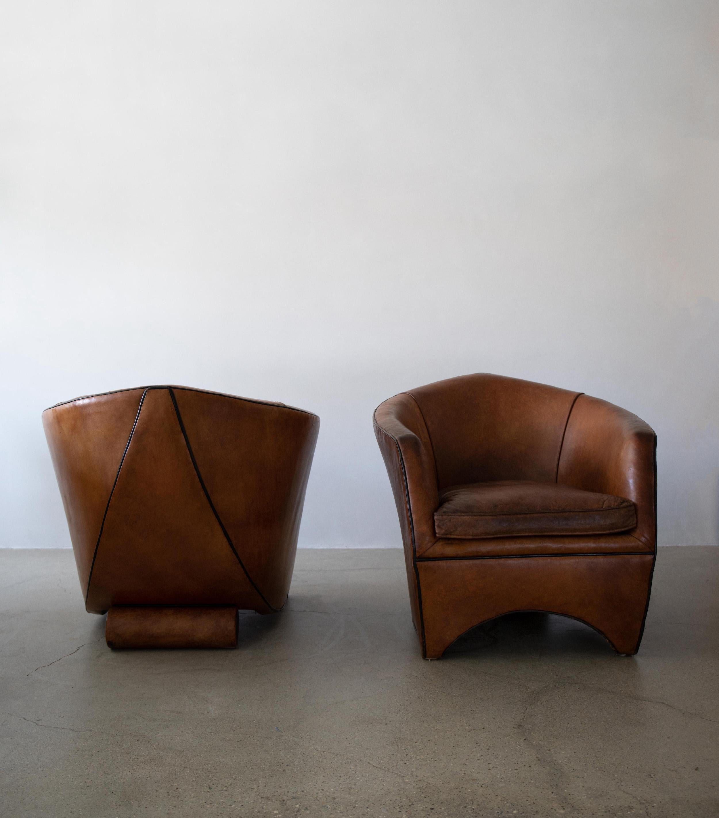 Pair of 'Cocoon' Sheepskin Leather Armchairs by Bart Van Bekhoven In Good Condition In Carmel Valley, CA