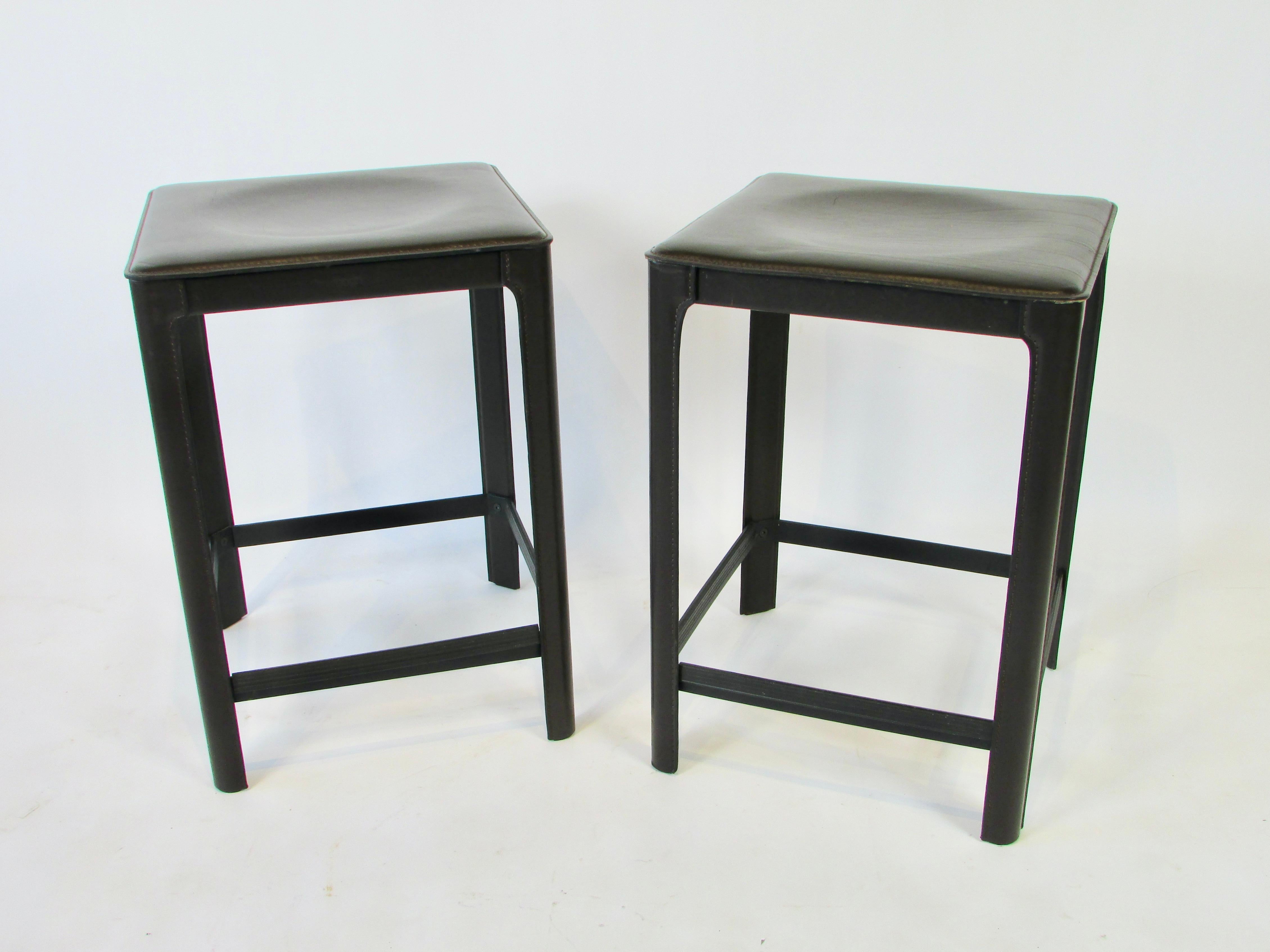 Pair of Coffee Brown Italian Leather Matteo Grassi Stools For Sale 1