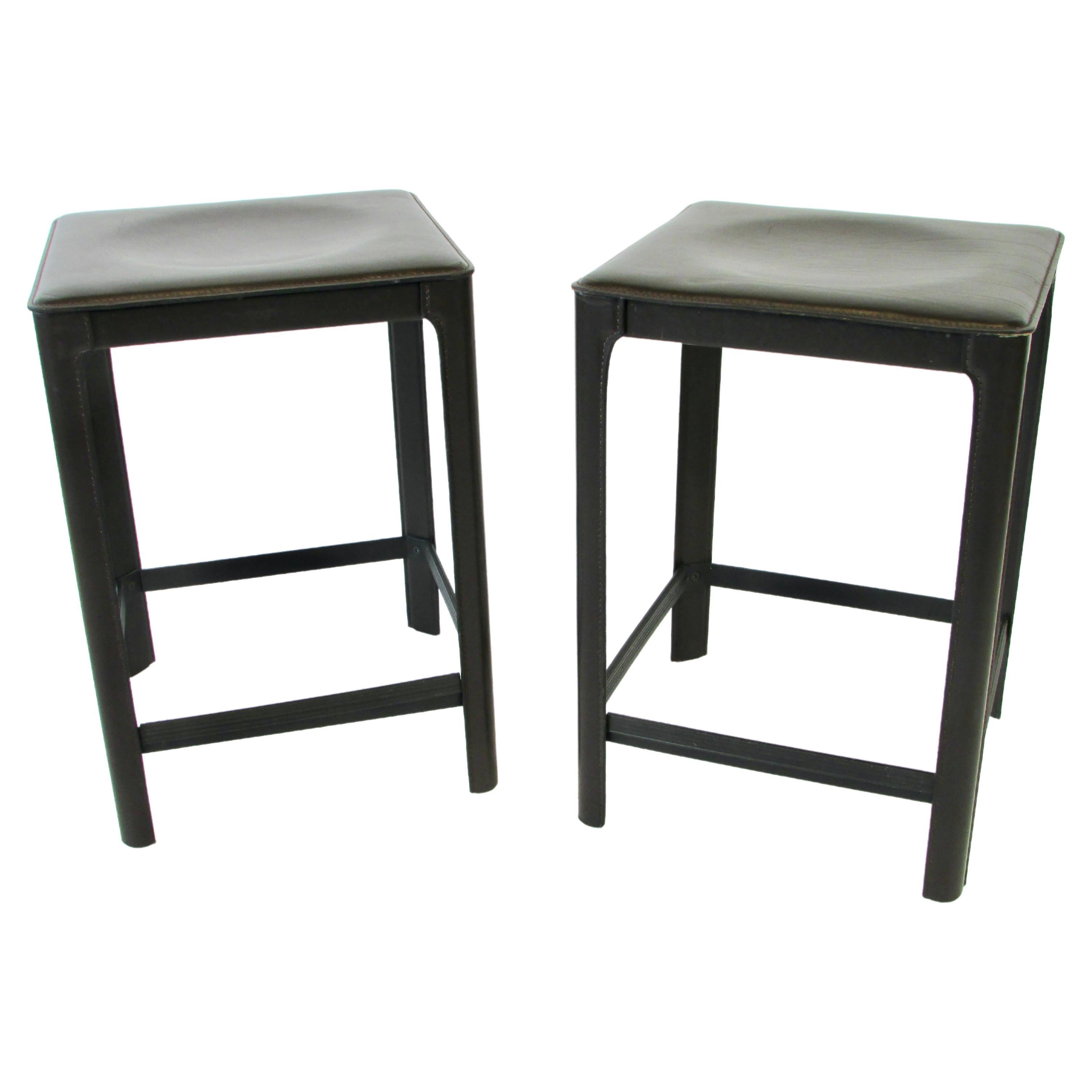 Pair of Coffee Brown Italian Leather Matteo Grassi Stools