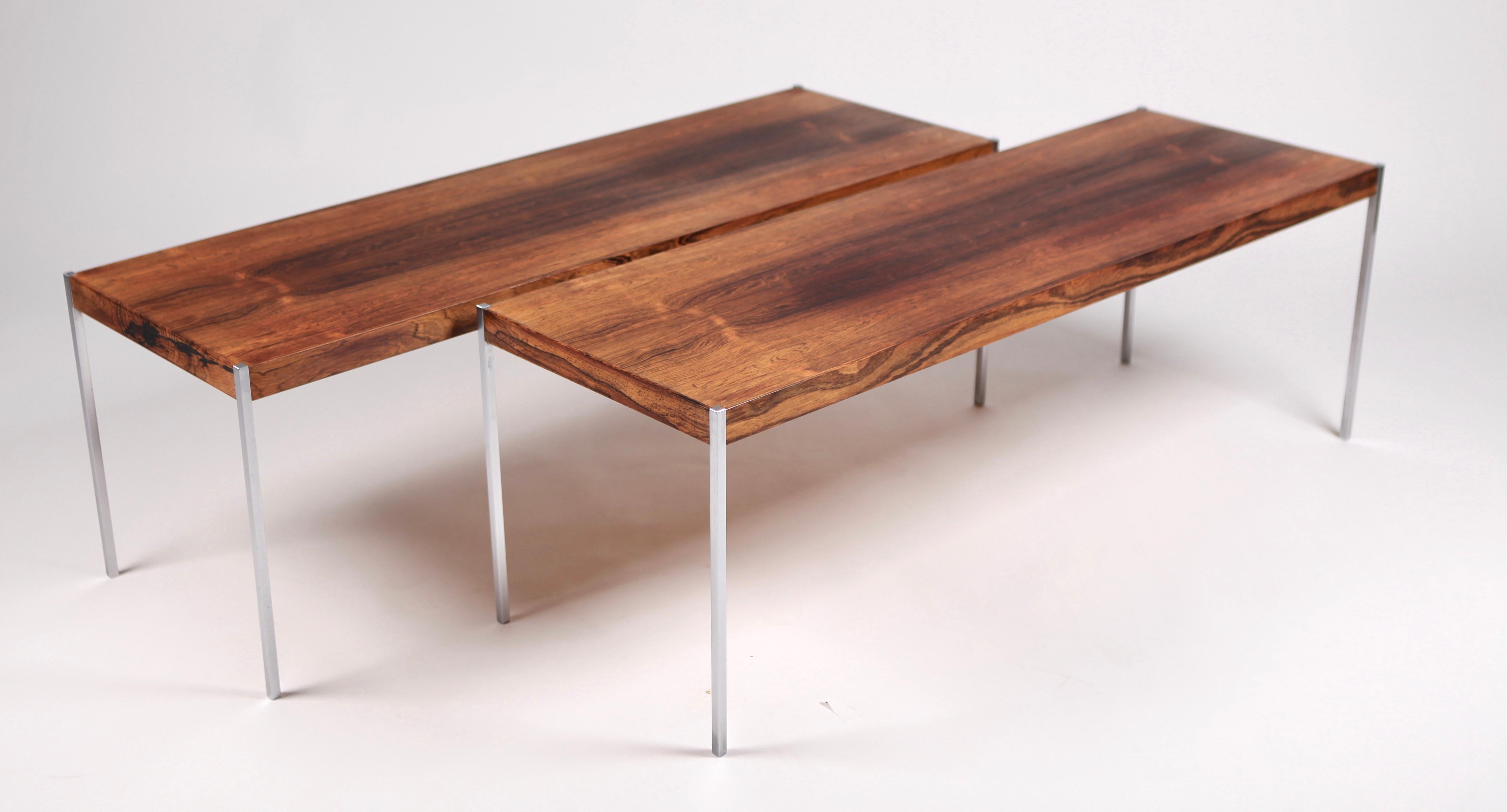 Pair of side or coffee-tables designed by Uno & Östen Kristiansson for Luxus, Sweden 1960s.
Executed in Rosewood and brushed steel.
L: 120 cm 
D: 40 cm
H: 40cm 
each table
    