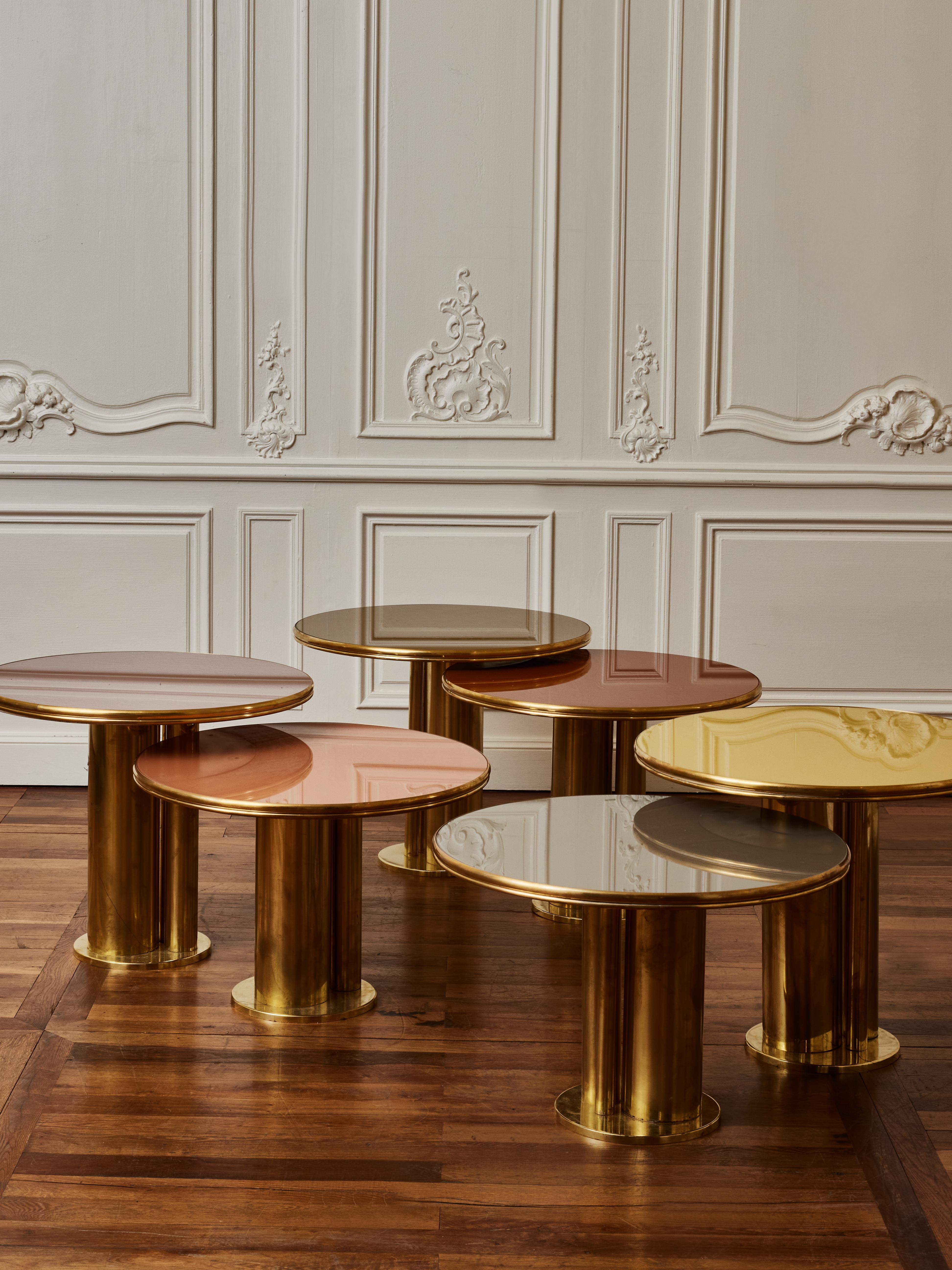 Coffee tables with 2 different heights in brass with tops in tainted mirror.
Creation by Studio Glustin.
Italy, 2023.

Customization possible by choosing the color you want from to create a unique set that will perfectly match your interior. 

Price