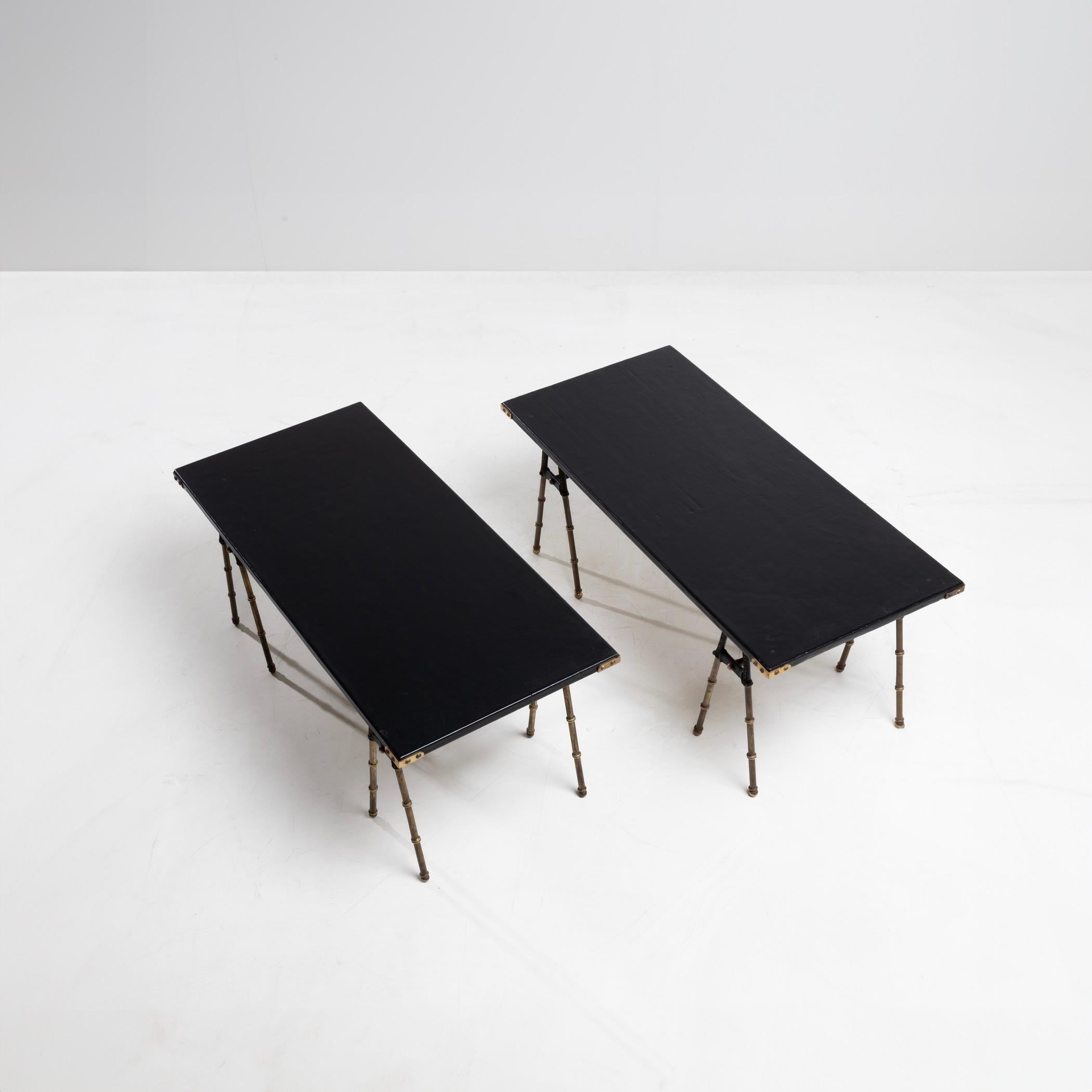Pair of coffee tables with trestle legs by Jacques Adnet In Good Condition For Sale In Brussels, BE