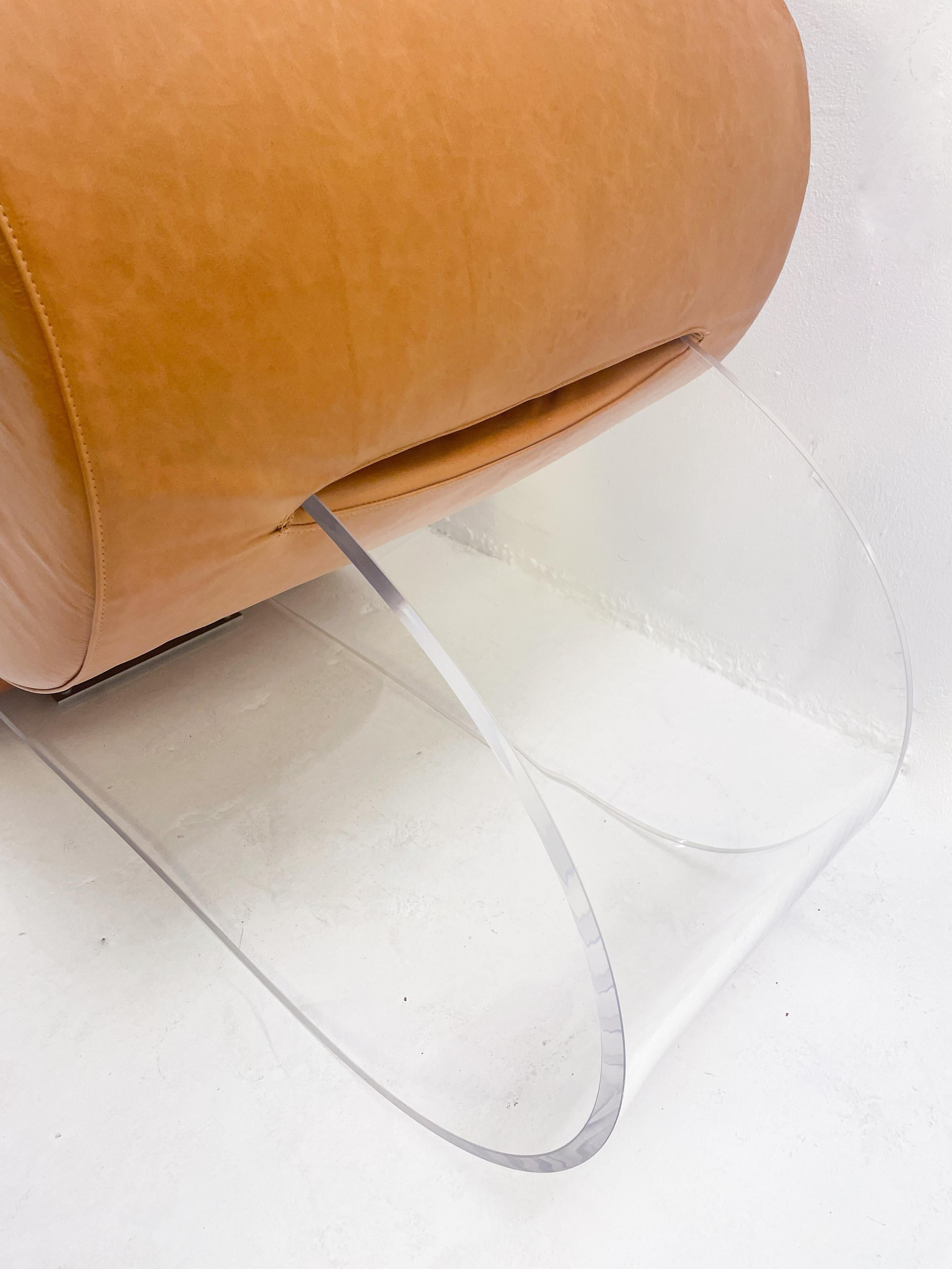 Mid-Century Modern  Pair of Cognac Armchairs by Marzio Cecchi, Plexiglas and Leather, 1970s For Sale